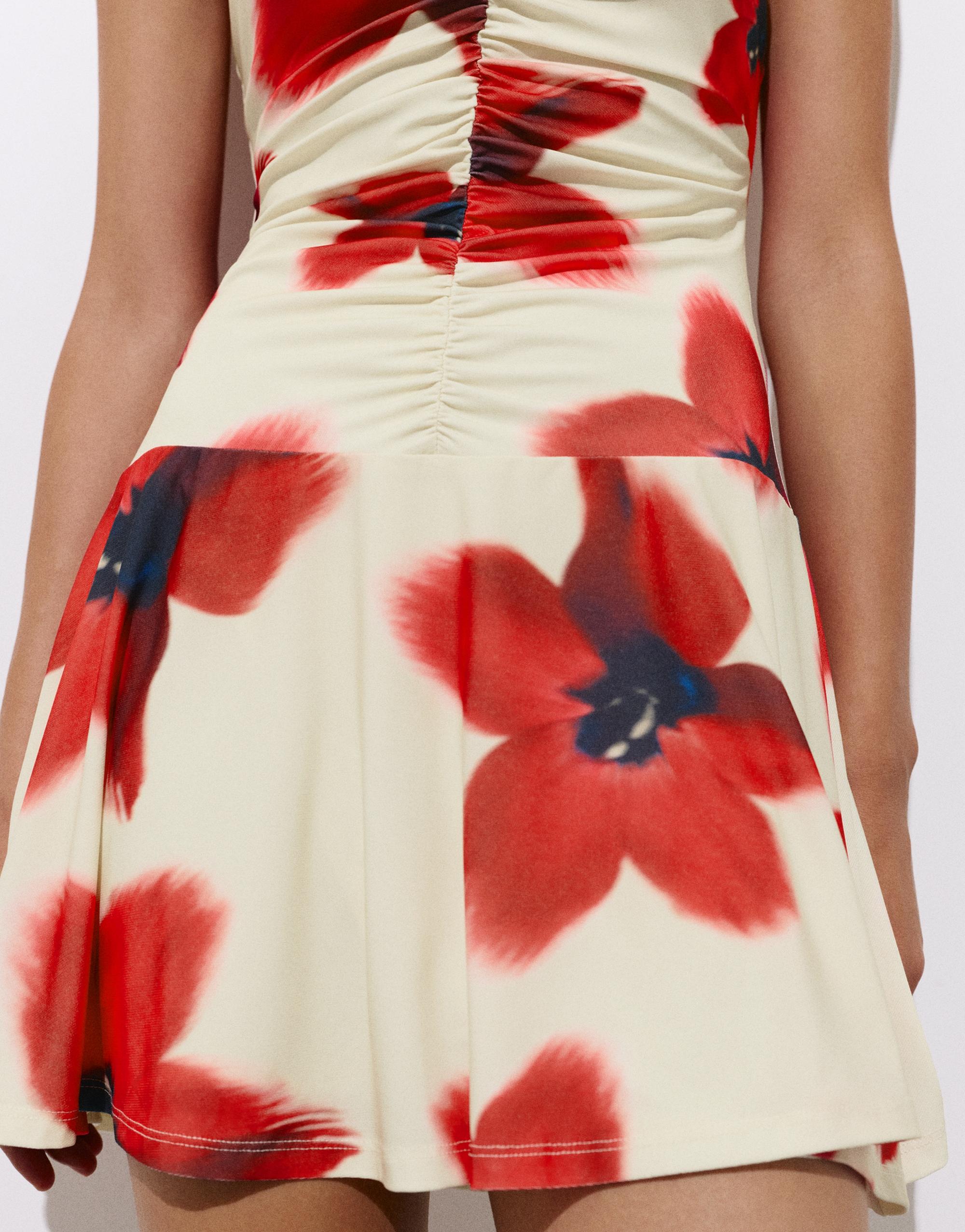 Short strappy gathered dress — Ecru/Red