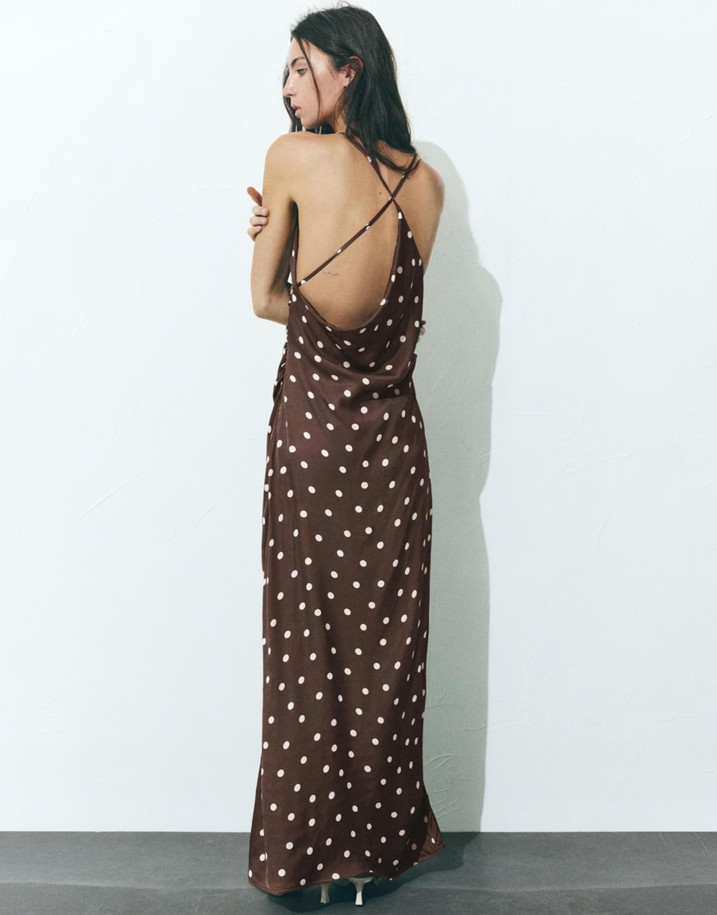 Draped polka dot satin dress — Brown