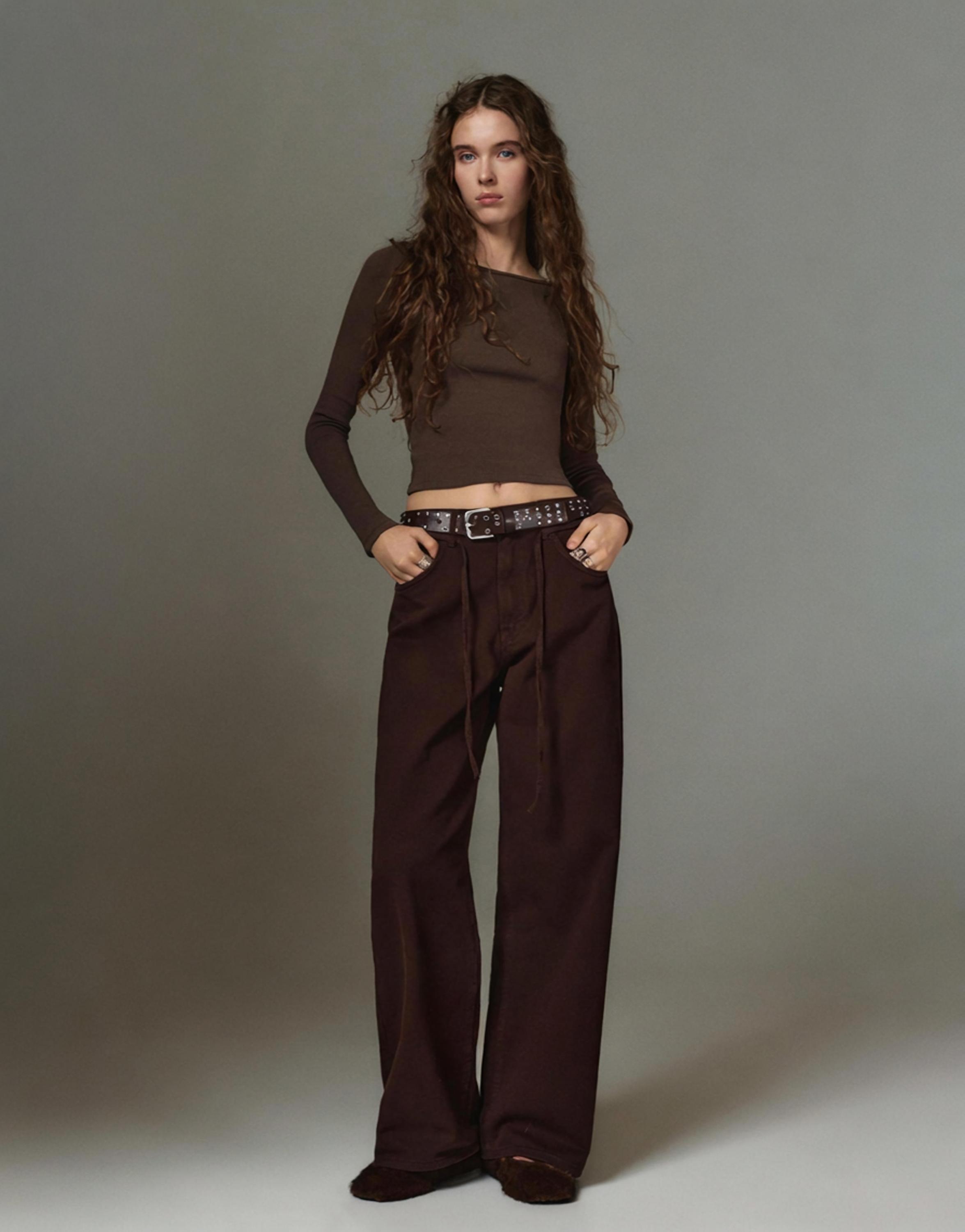 Long sleeve boat neck T-shirt — Brown