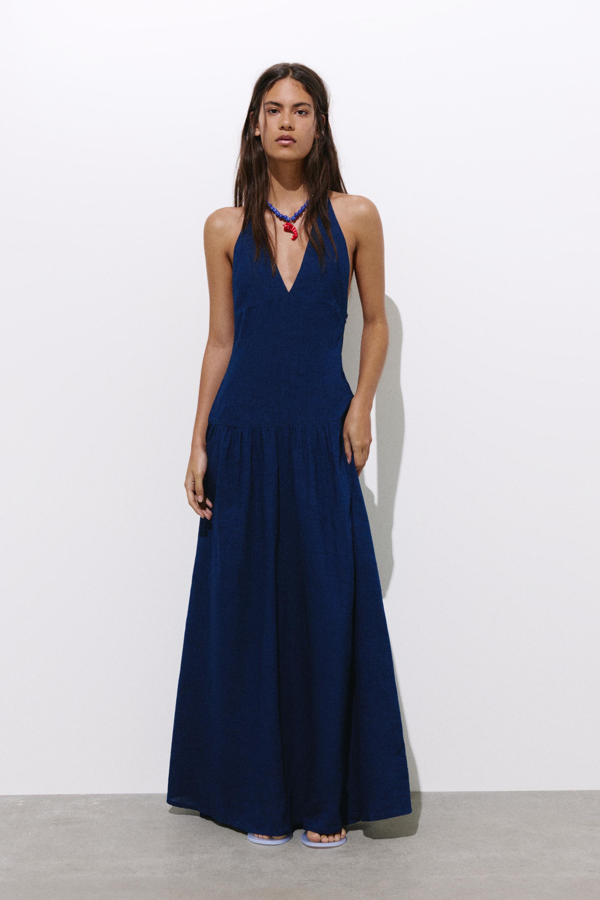Halter yaka uzun denim elbise - Görsel 16
