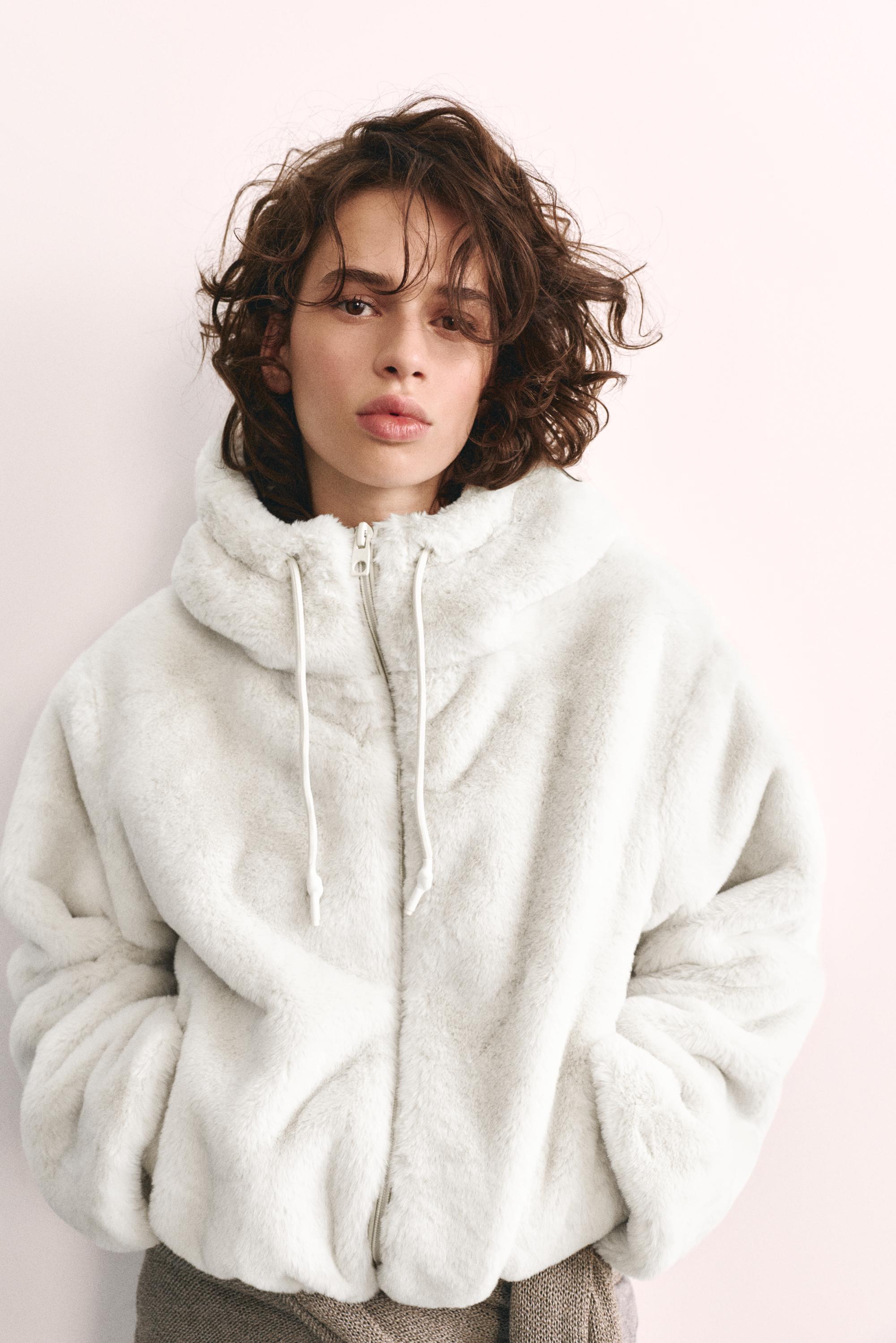 Hooded faux fur jacket — Ecru