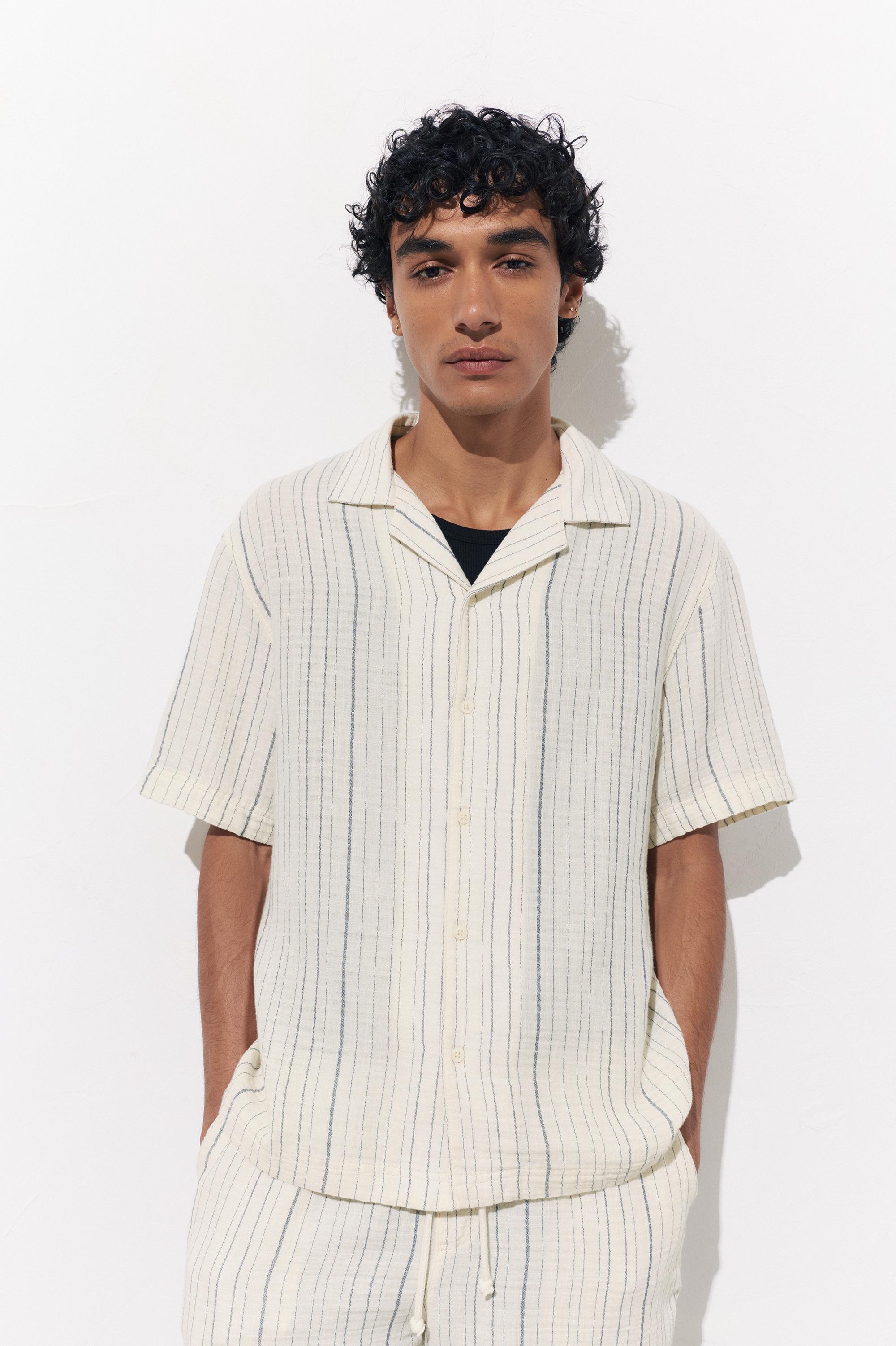 Camisa De Manga Curta Em Bambula Às Riscas
