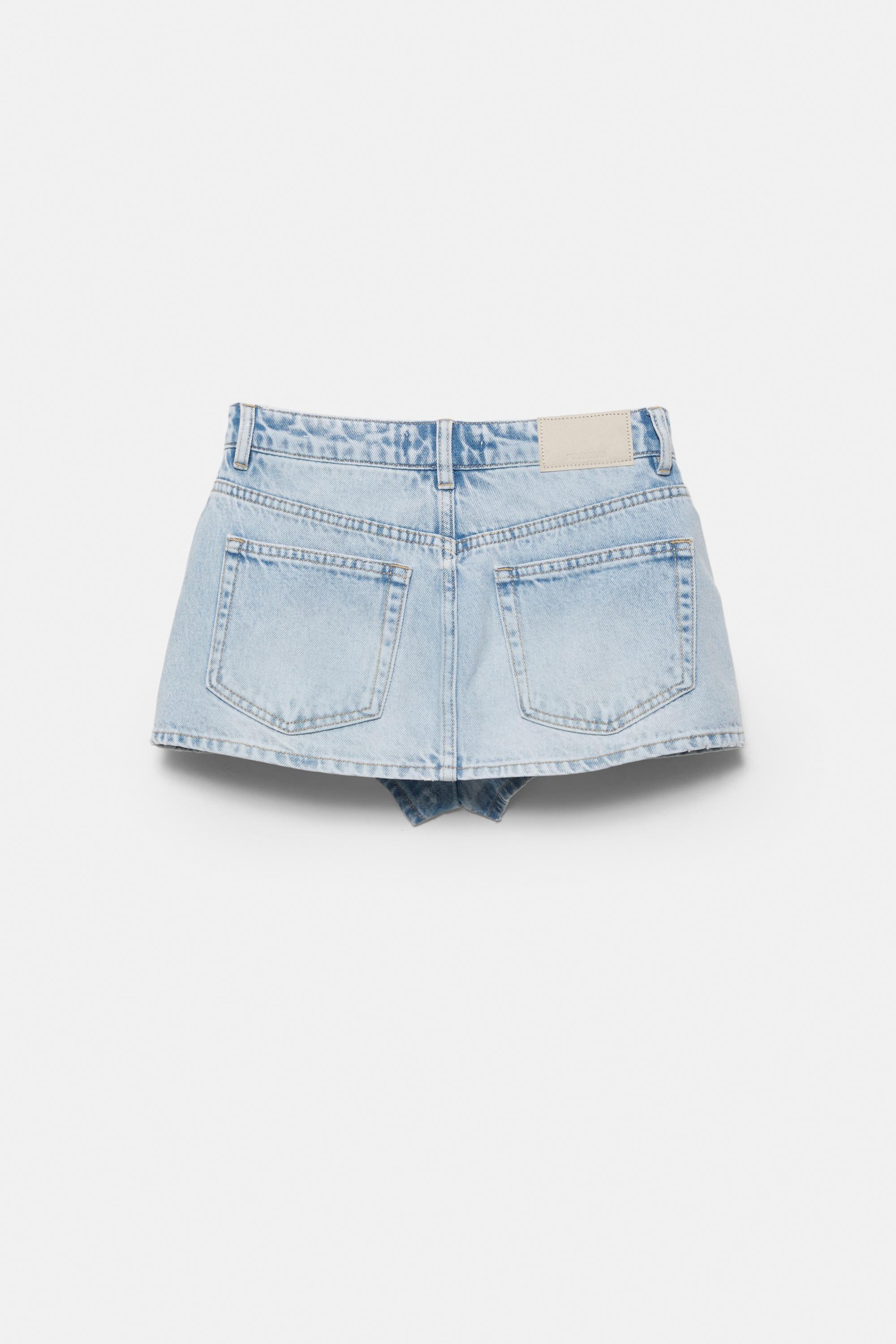 Cross-waist denim skort — Pale blue
