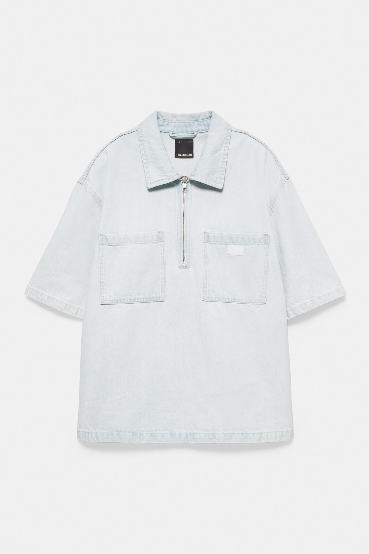 Denim zip-up polo shirt — Sky blue