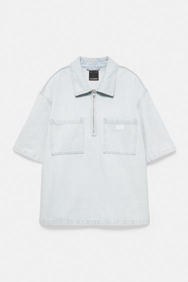 Denim zip-up polo shirt — Sky blue 5