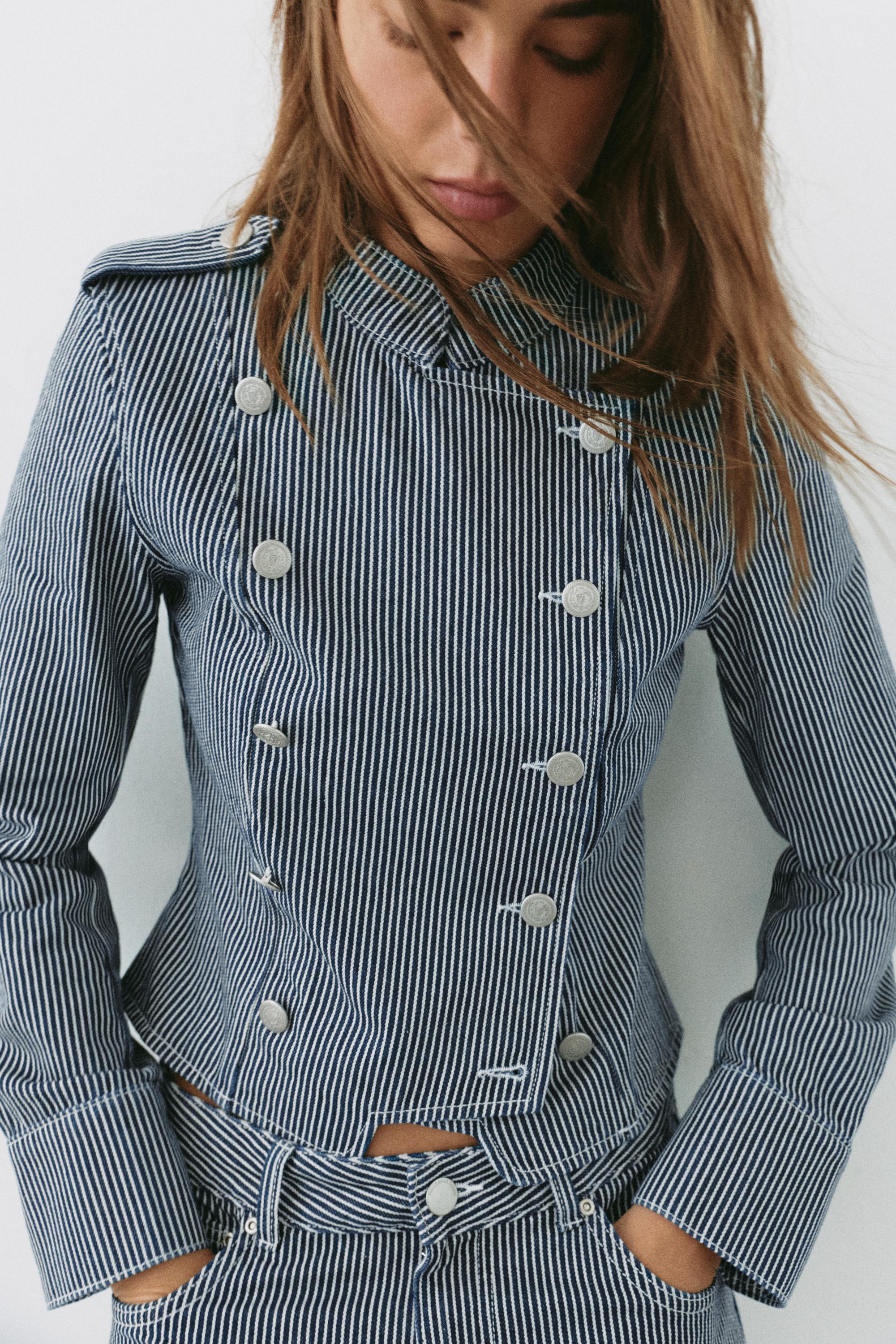 Striped buttoned denim jacket — Dark blue