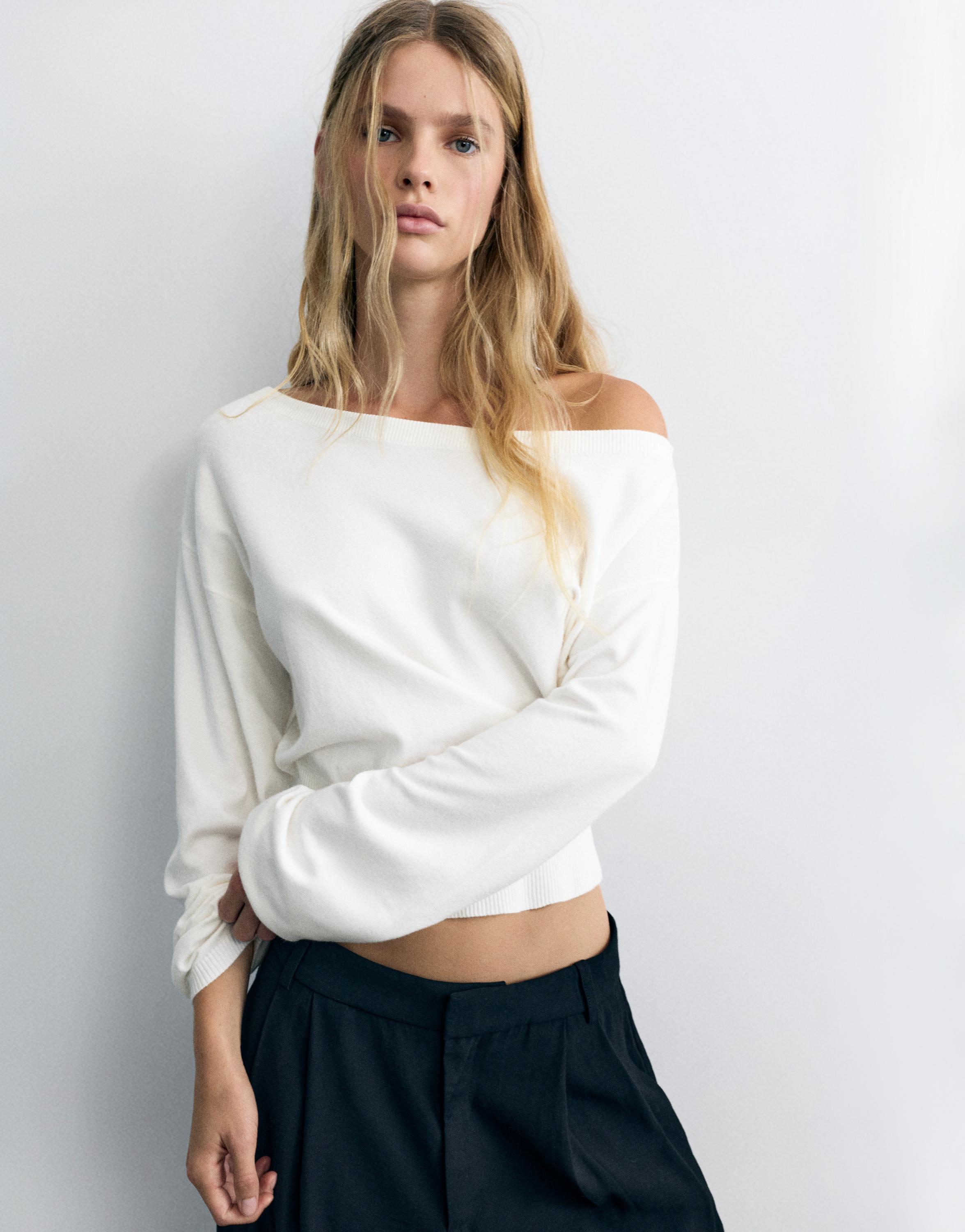 Asymmetric neck jumper — Ecru