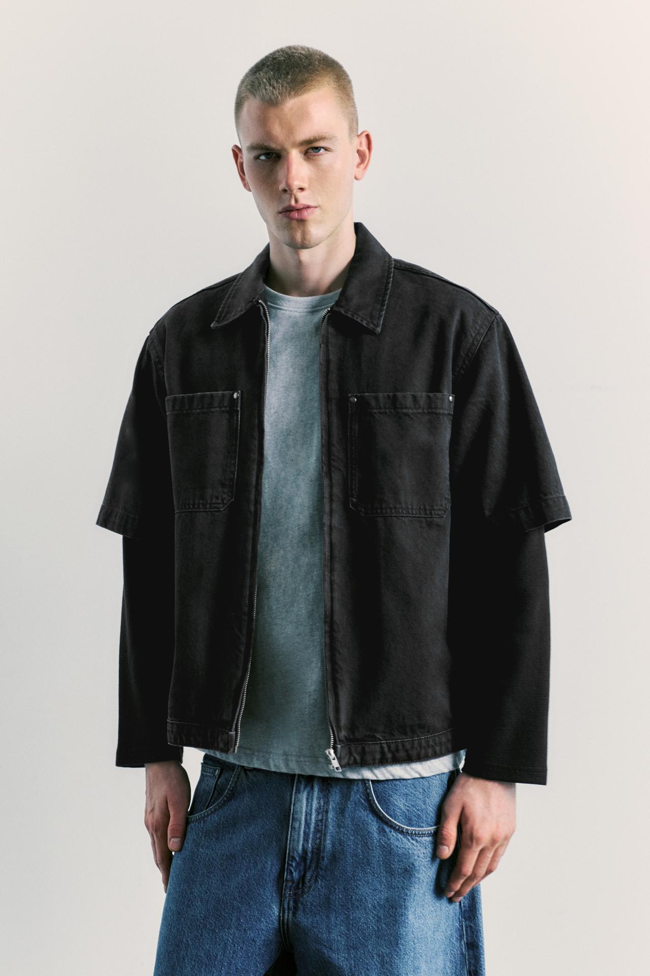 Double-sleeve denim overshirt — Faded black