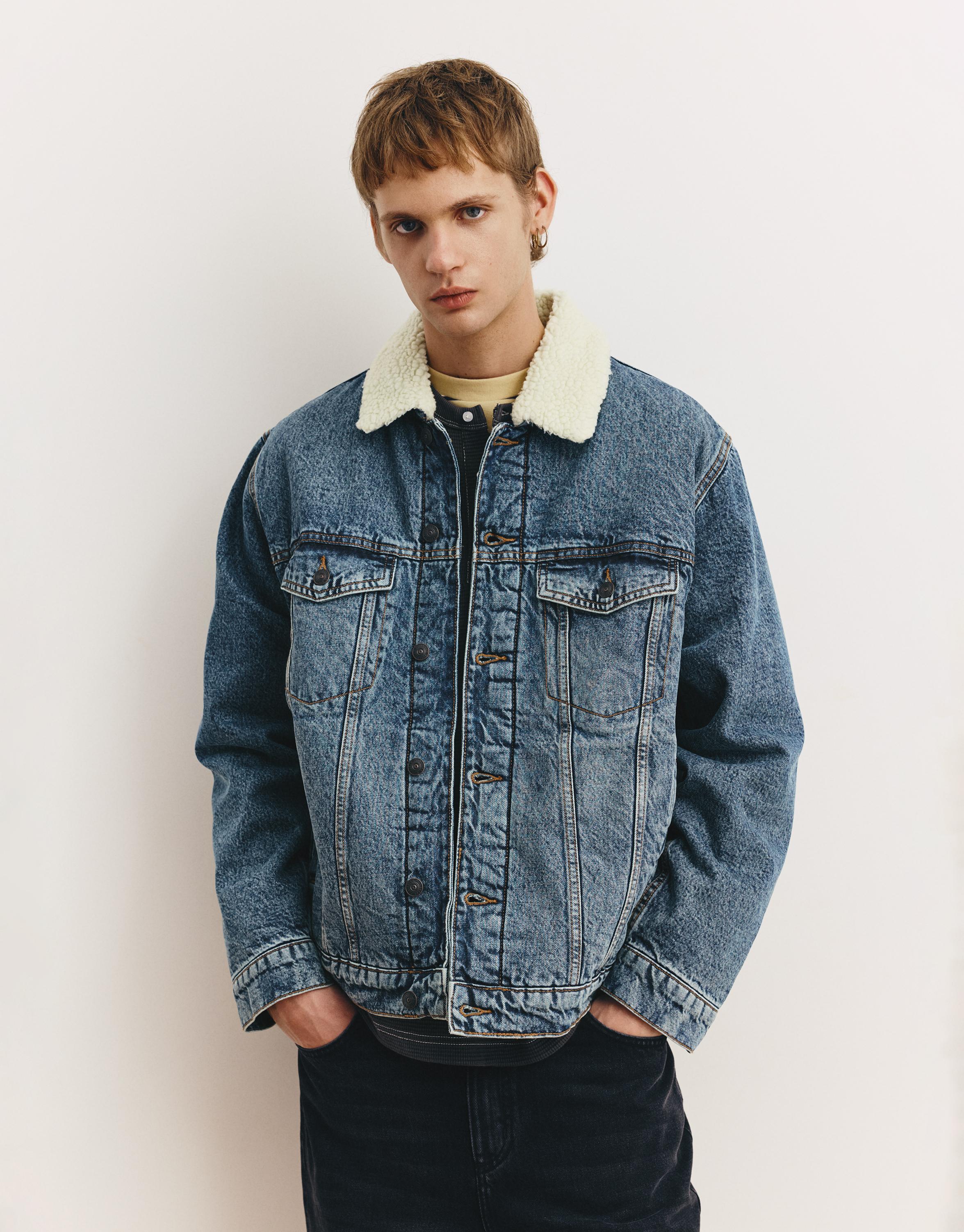 Denim jacket with faux shearling collar — Medium blue