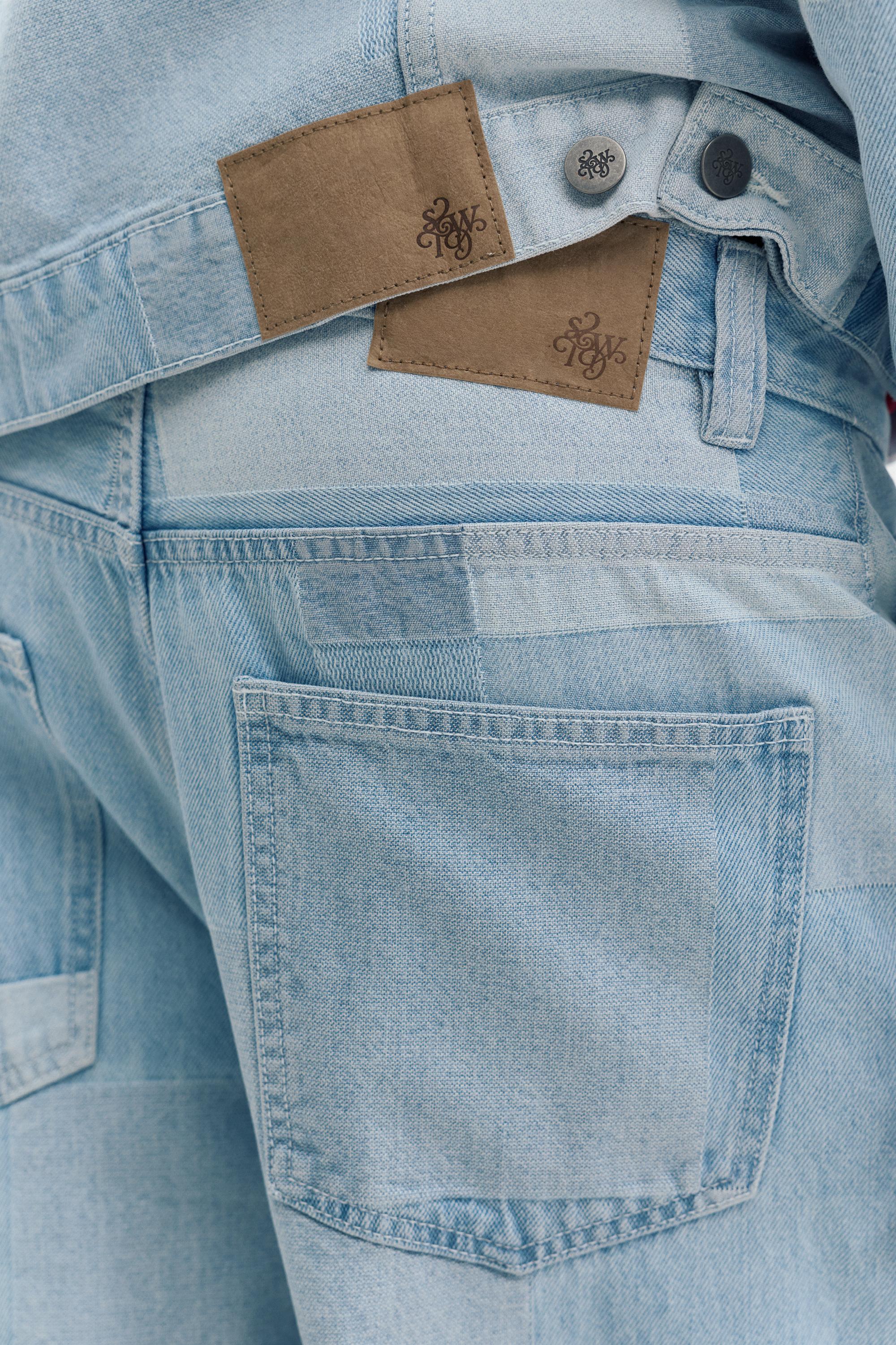 Baggy patchwork check jeans — Pale indigo