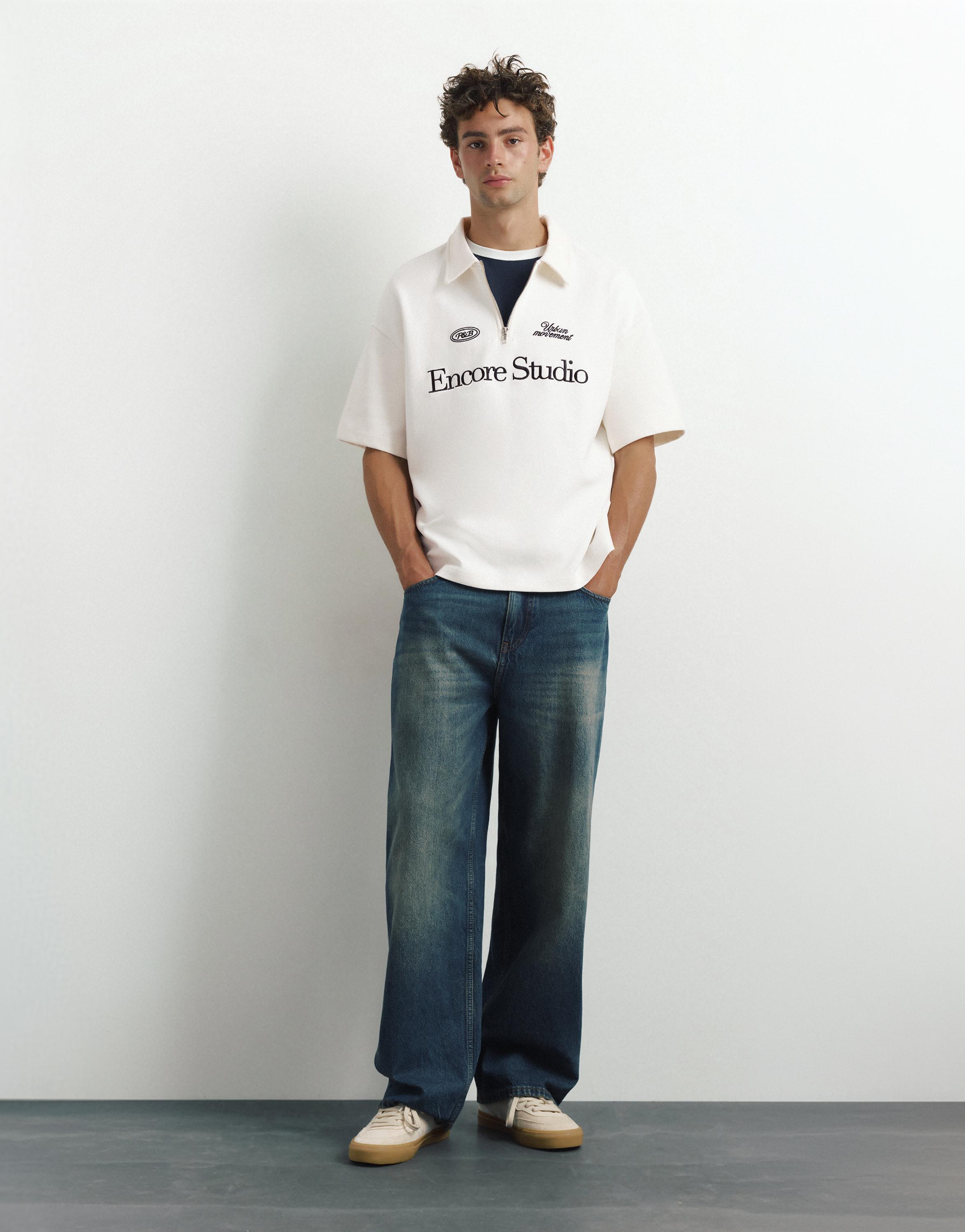 Graphic zip-up interlock polo shirt — Off white