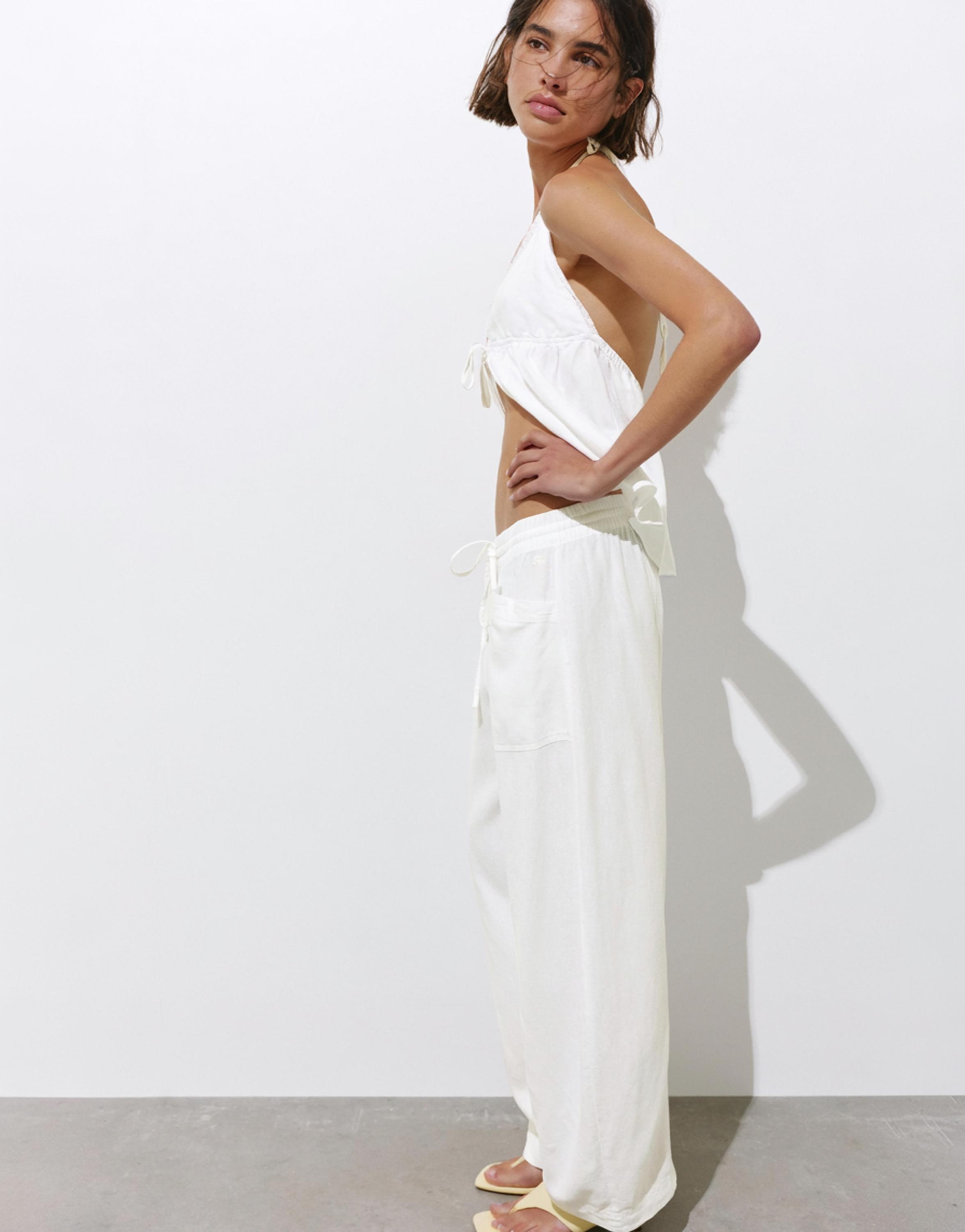 Linen blend barrel trousers — White