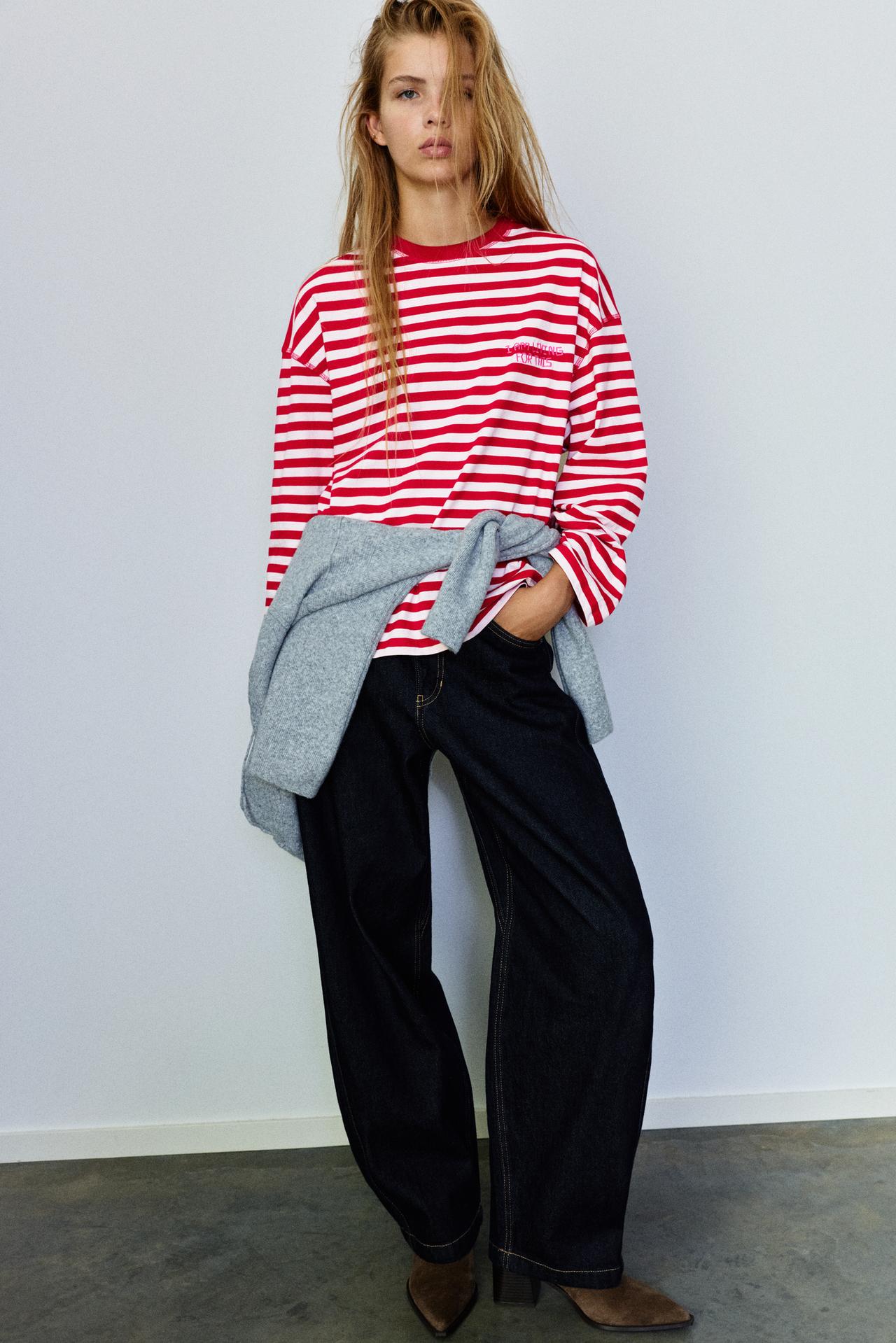 Oversize striped slogan T-shirt — Red