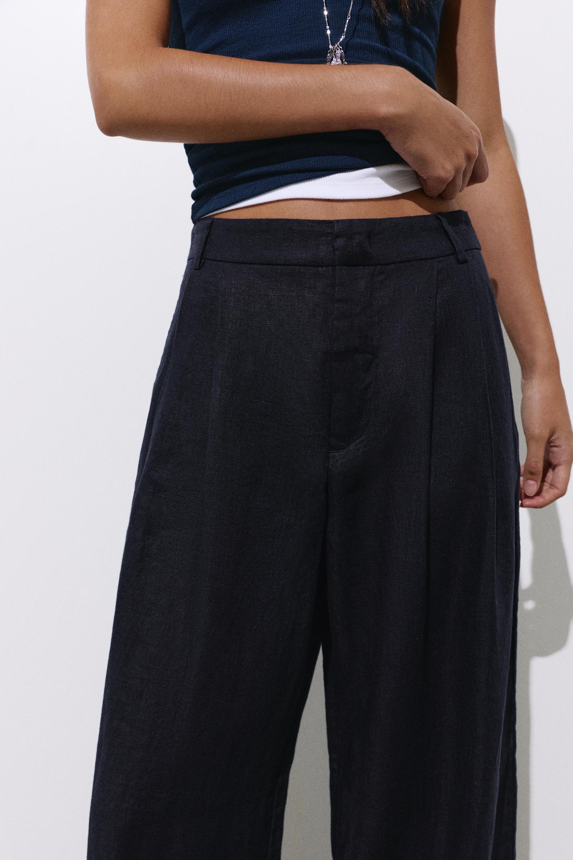 Wide-leg 100% linen trousers — Dark navy