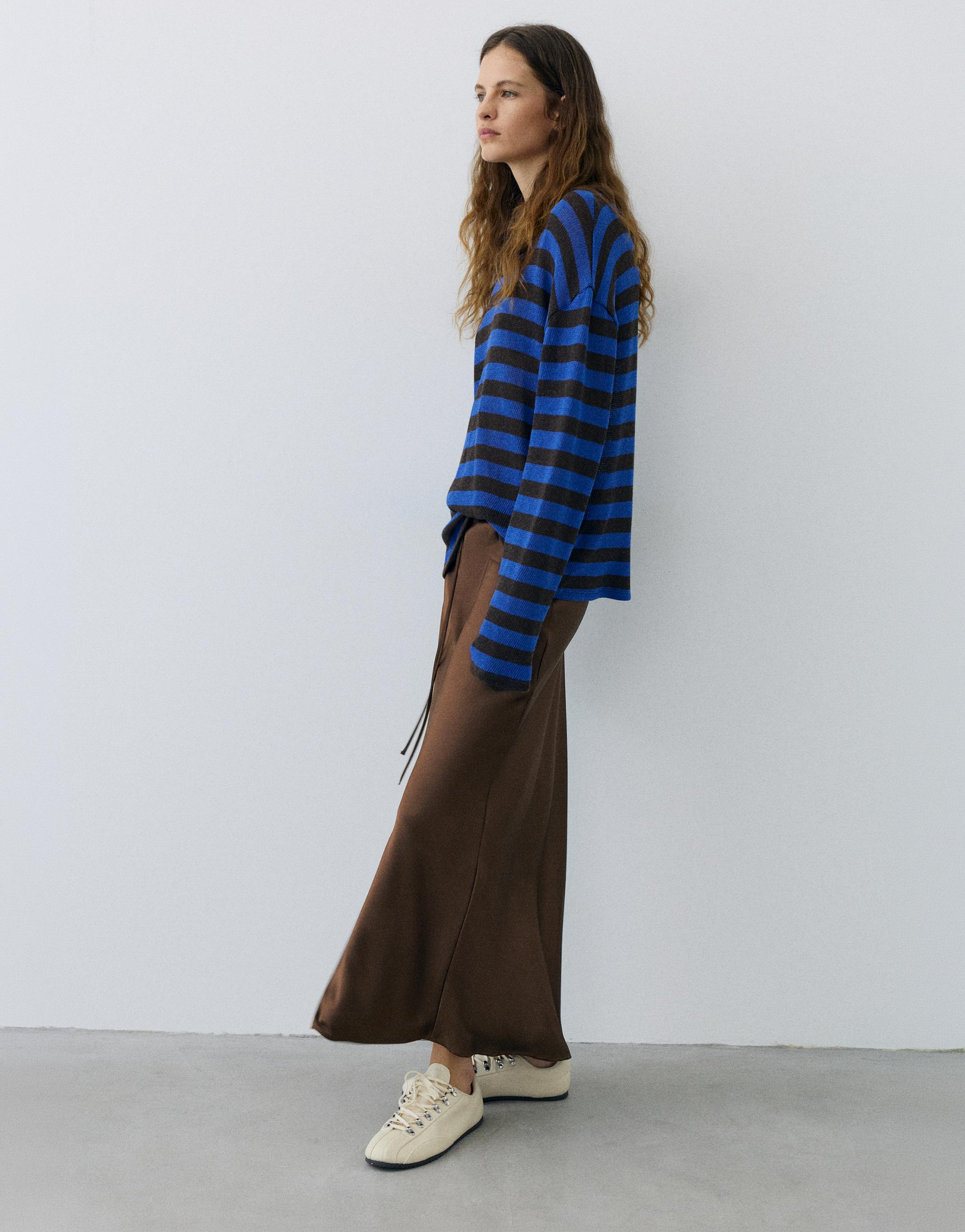 Satin drawstring midi skirt — Dark brown