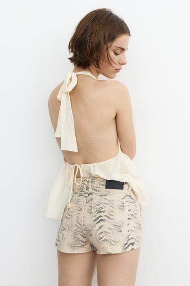 Leopard print denim mini shorts — Ochre 2