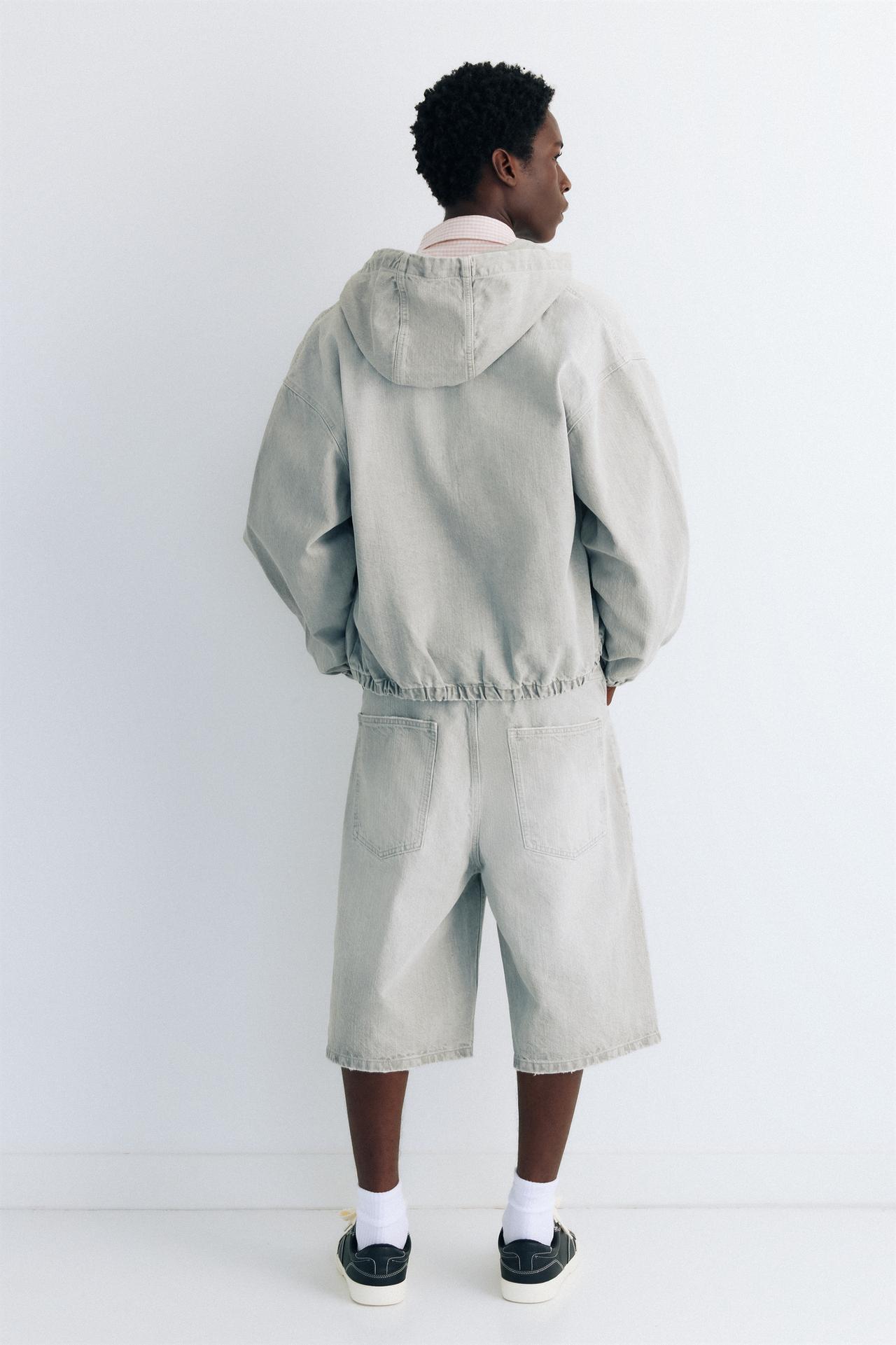 STWD hooded zip-up denim jacket — Pale grey