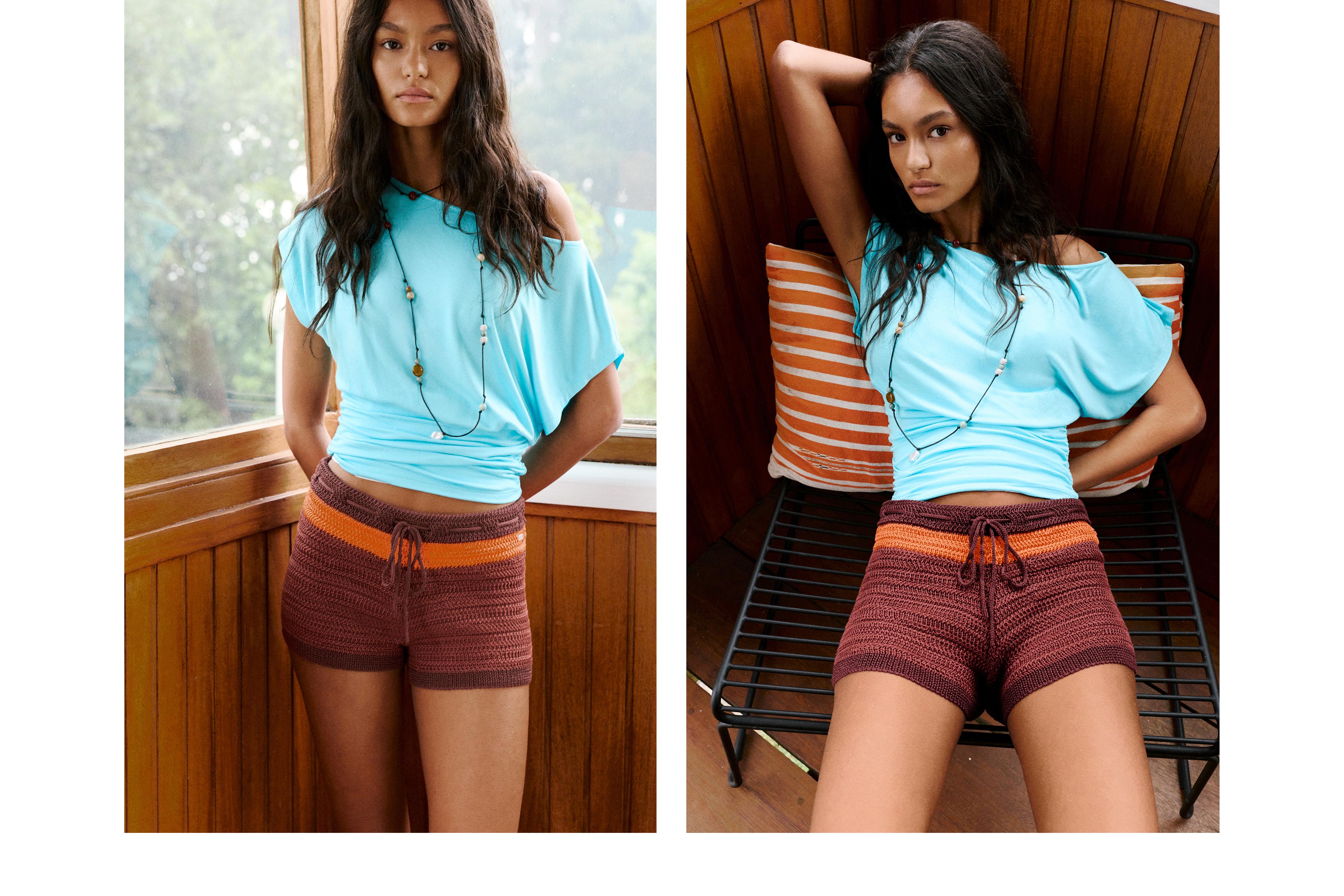 Crochet knit shorts — Brown