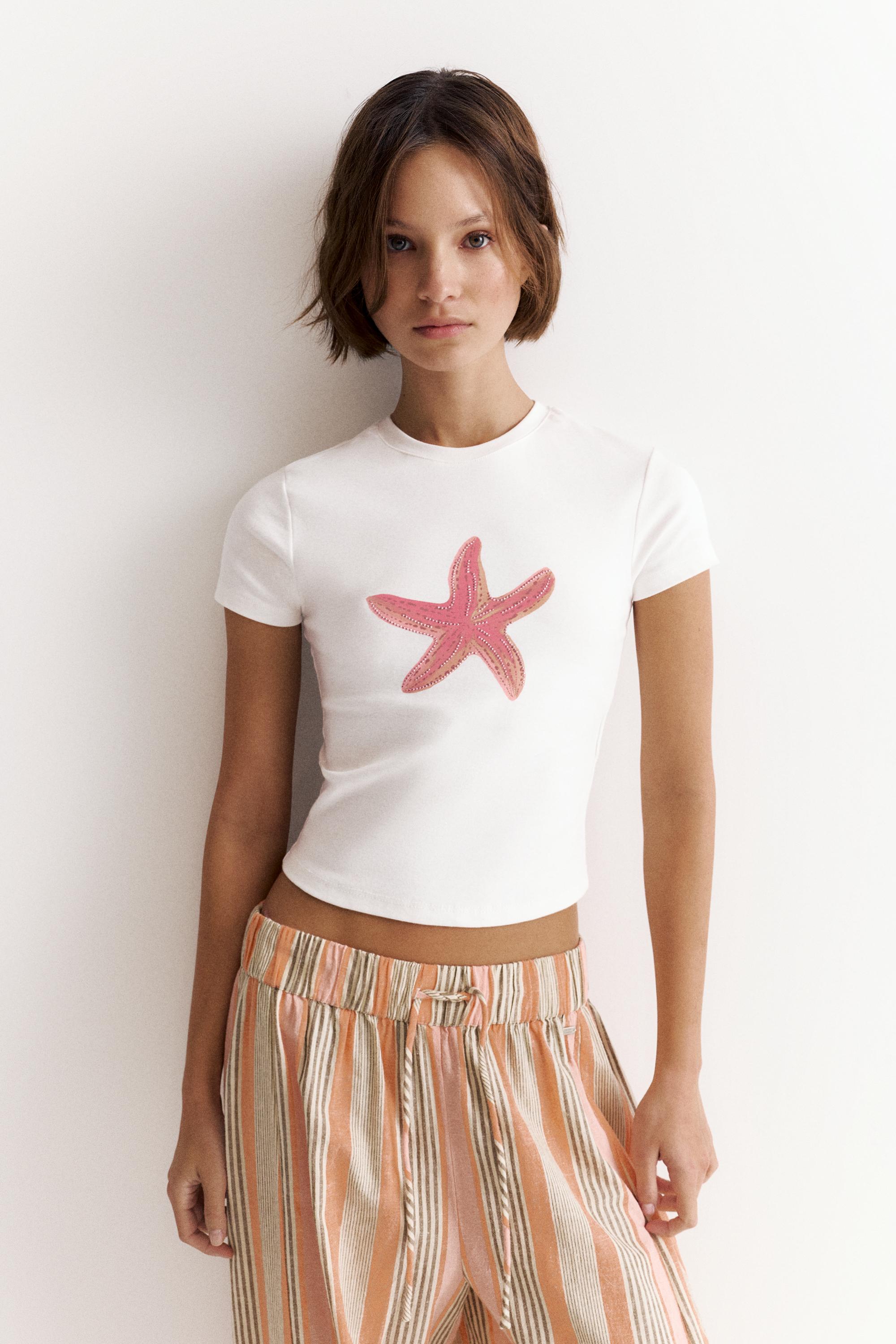 Rhinestone starfish T-shirt — White
