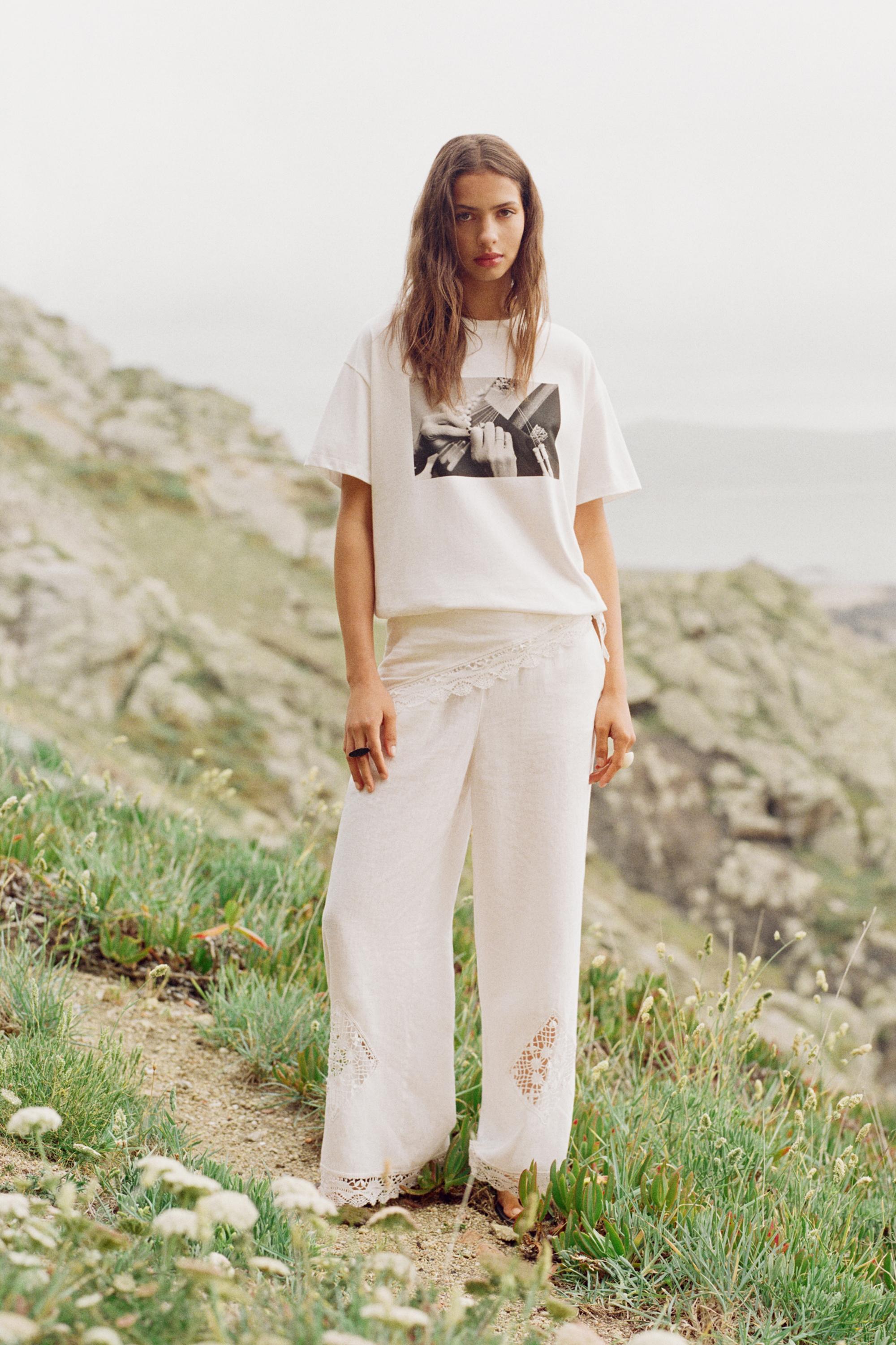 100% linen Encaixe de Camariñas x Pull&Bear trousers — Off white