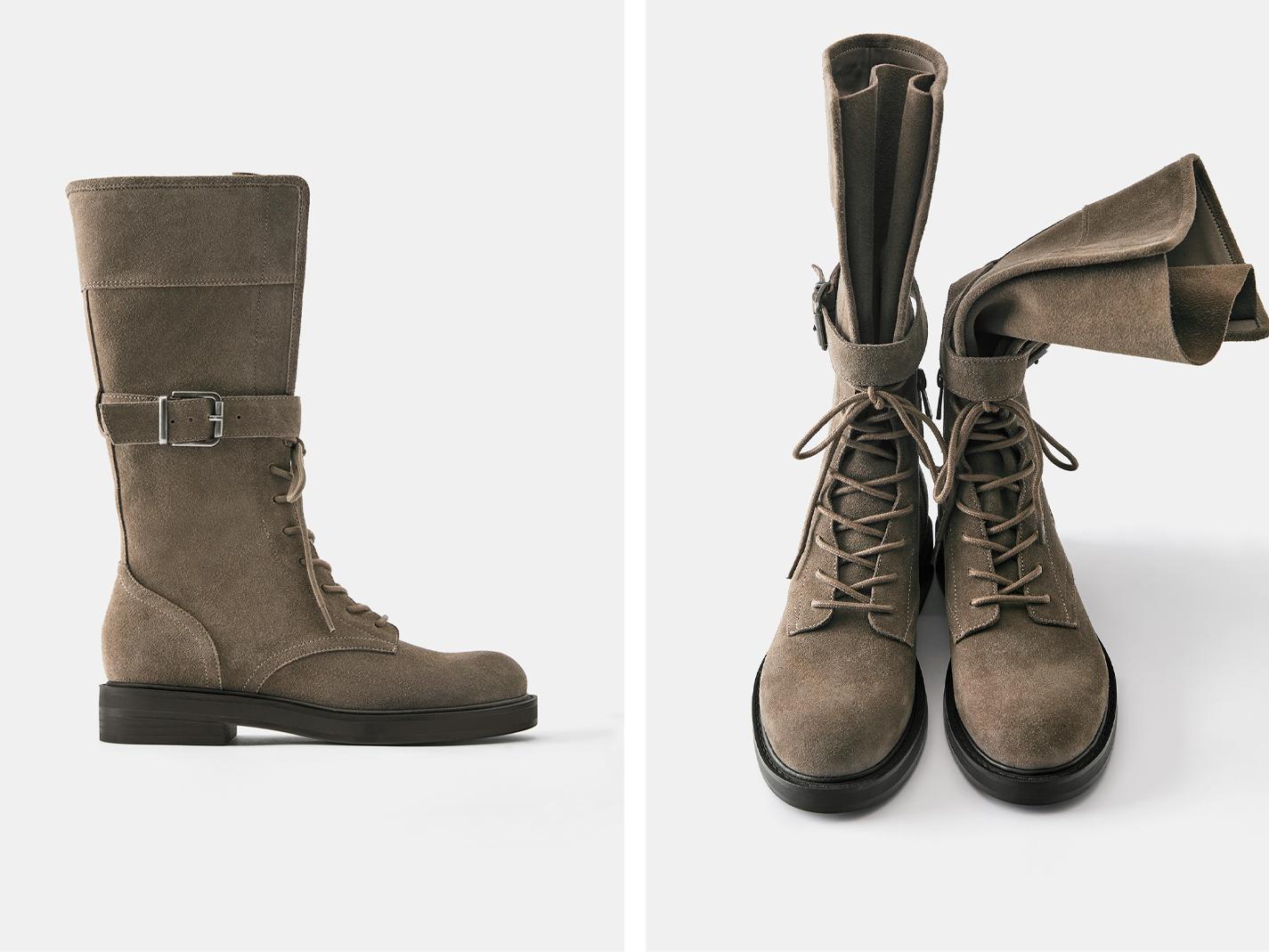 Lace-up flat leather boots — Taupe