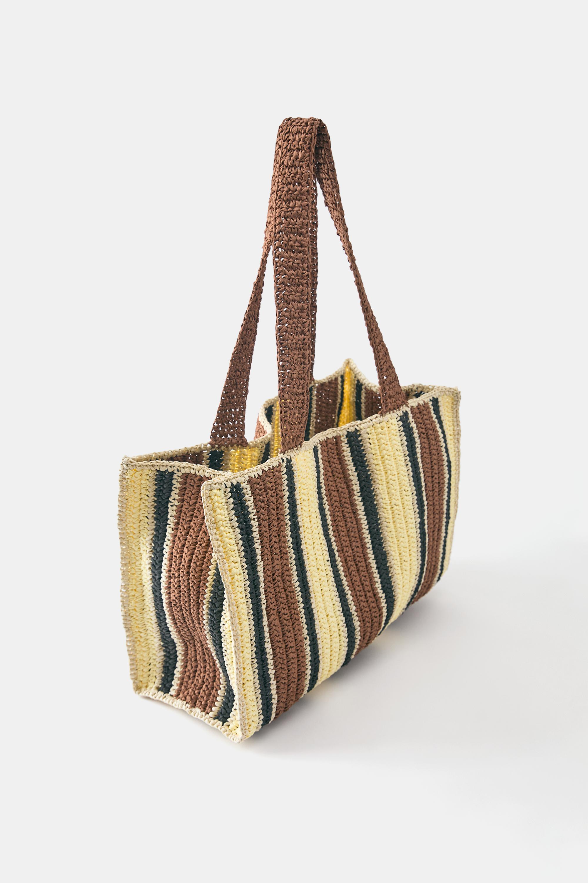 Striped woven tote bag — Brown