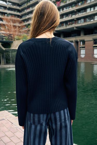 Mixed-fabric panel jumper — Navy 2