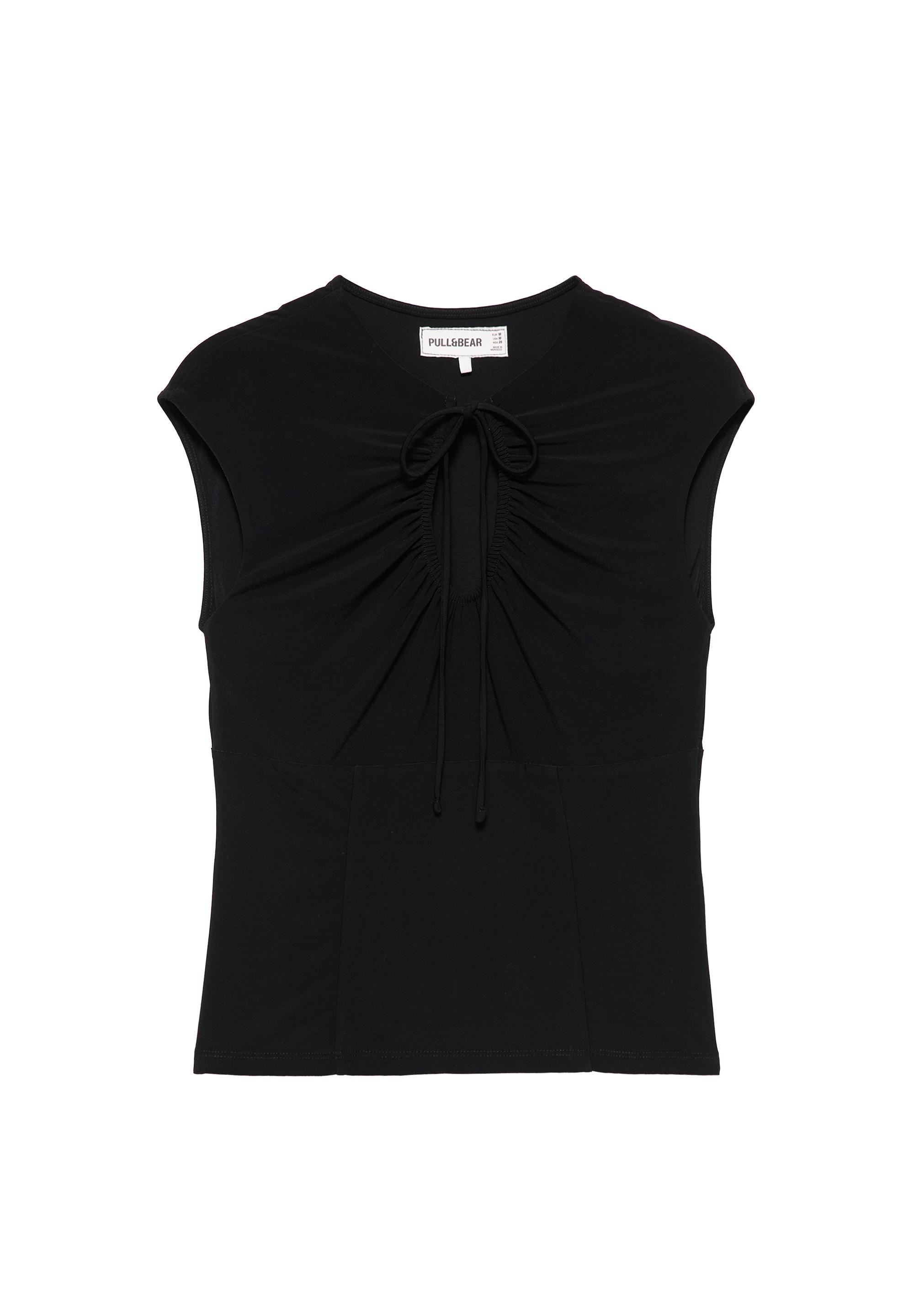 Gathered tie-neck top — Black