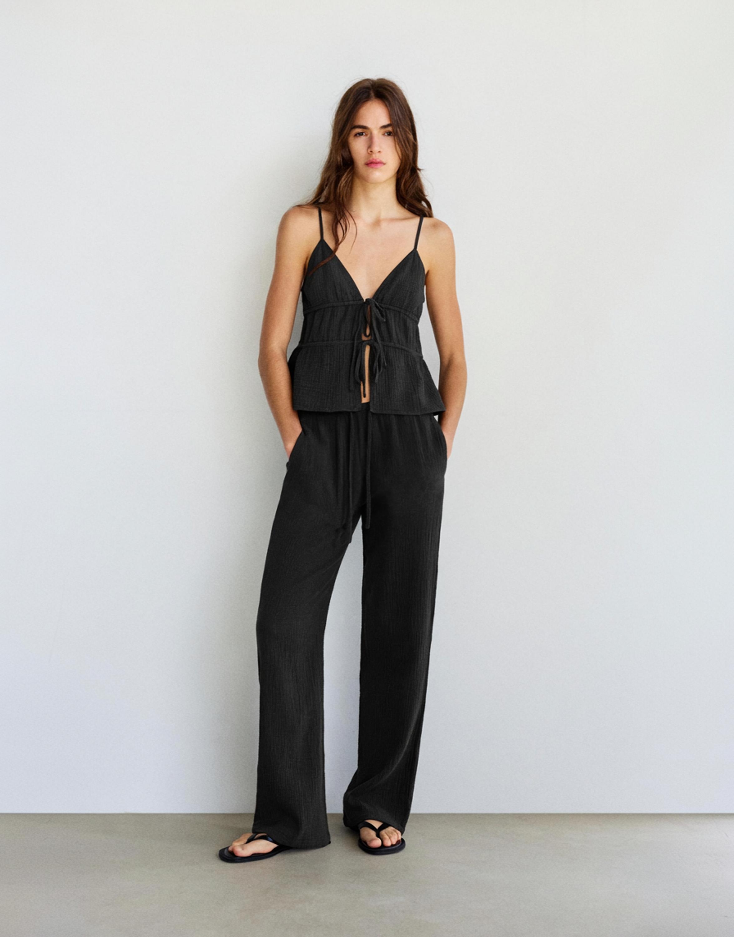 Crepe strappy top — Faded black