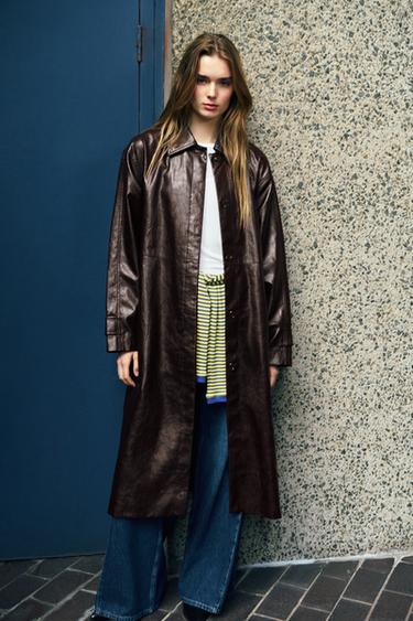 Long leather effect trench coat — Brown 2