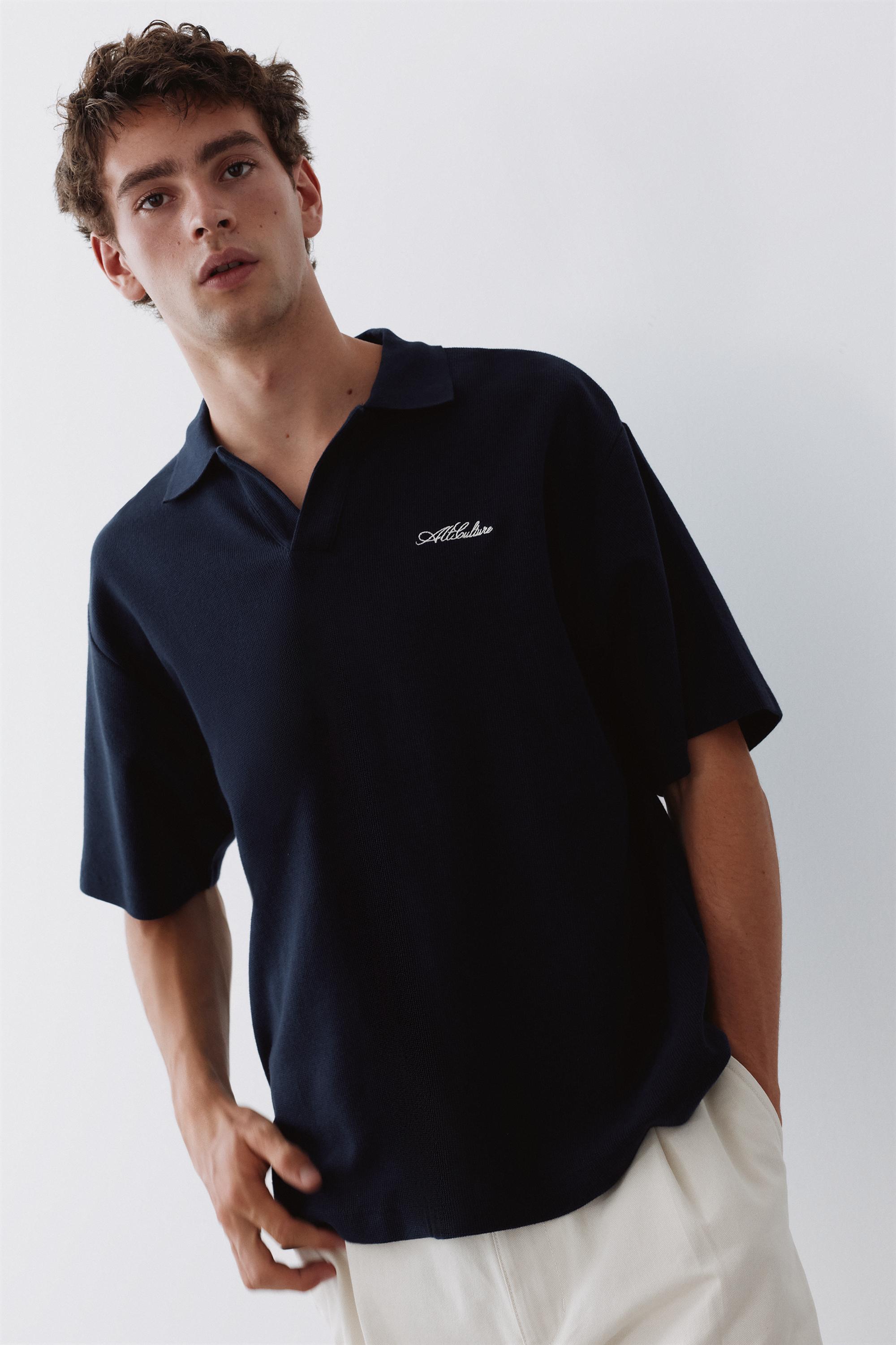Short sleeve waffle-knit polo shirt — Navy
