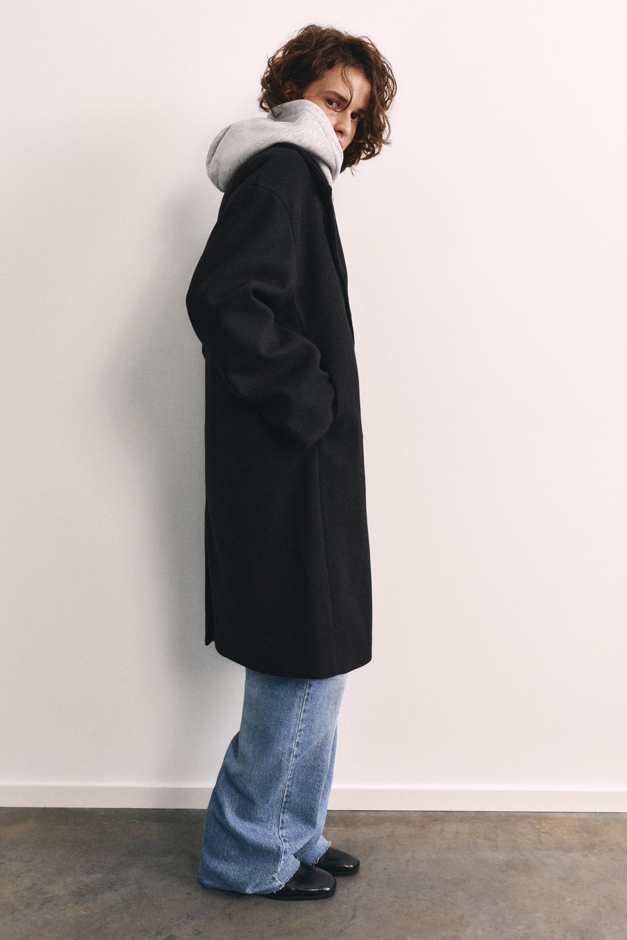 Double-breasted felt texture coat — Black