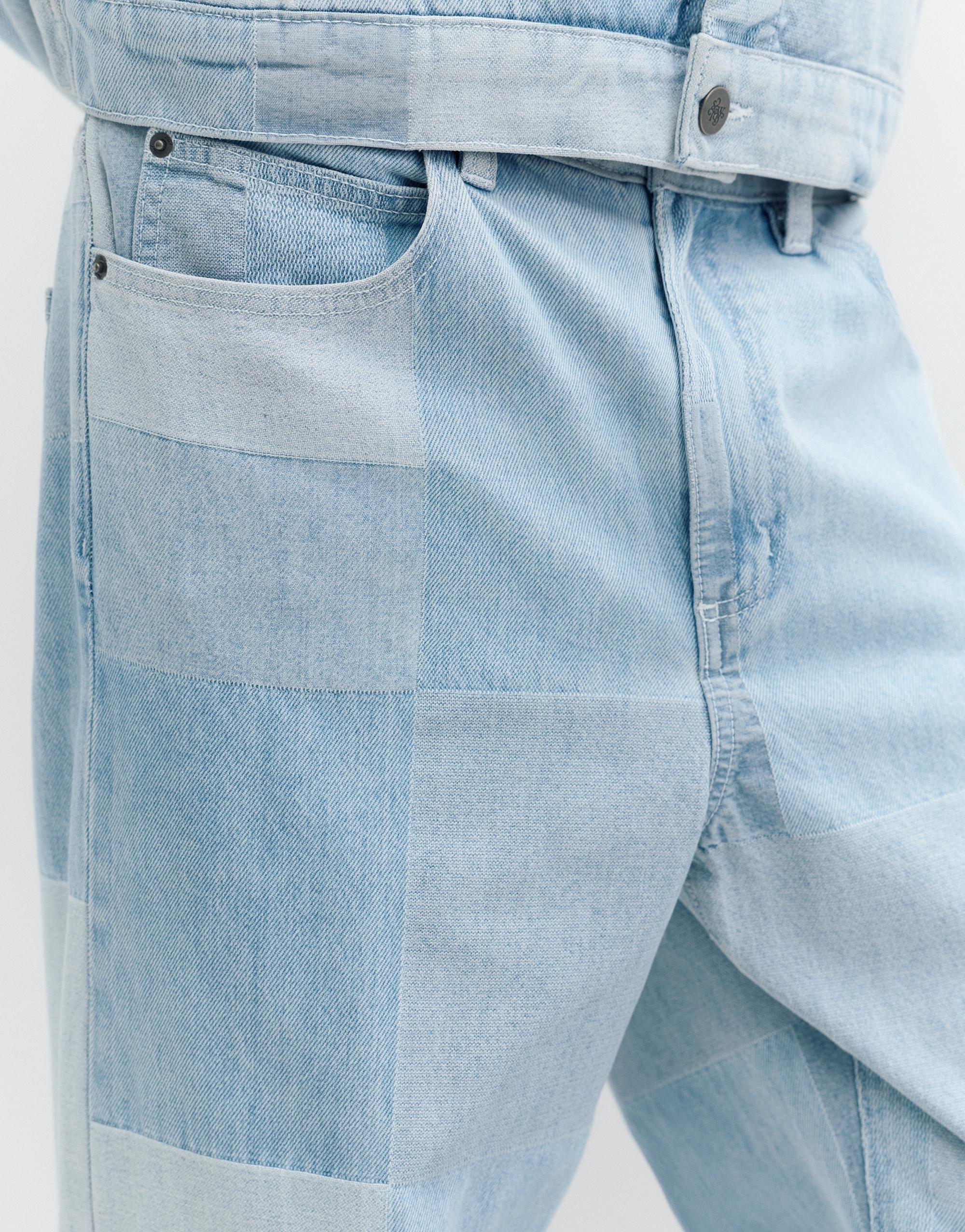 Baggy patchwork check jeans — Pale indigo