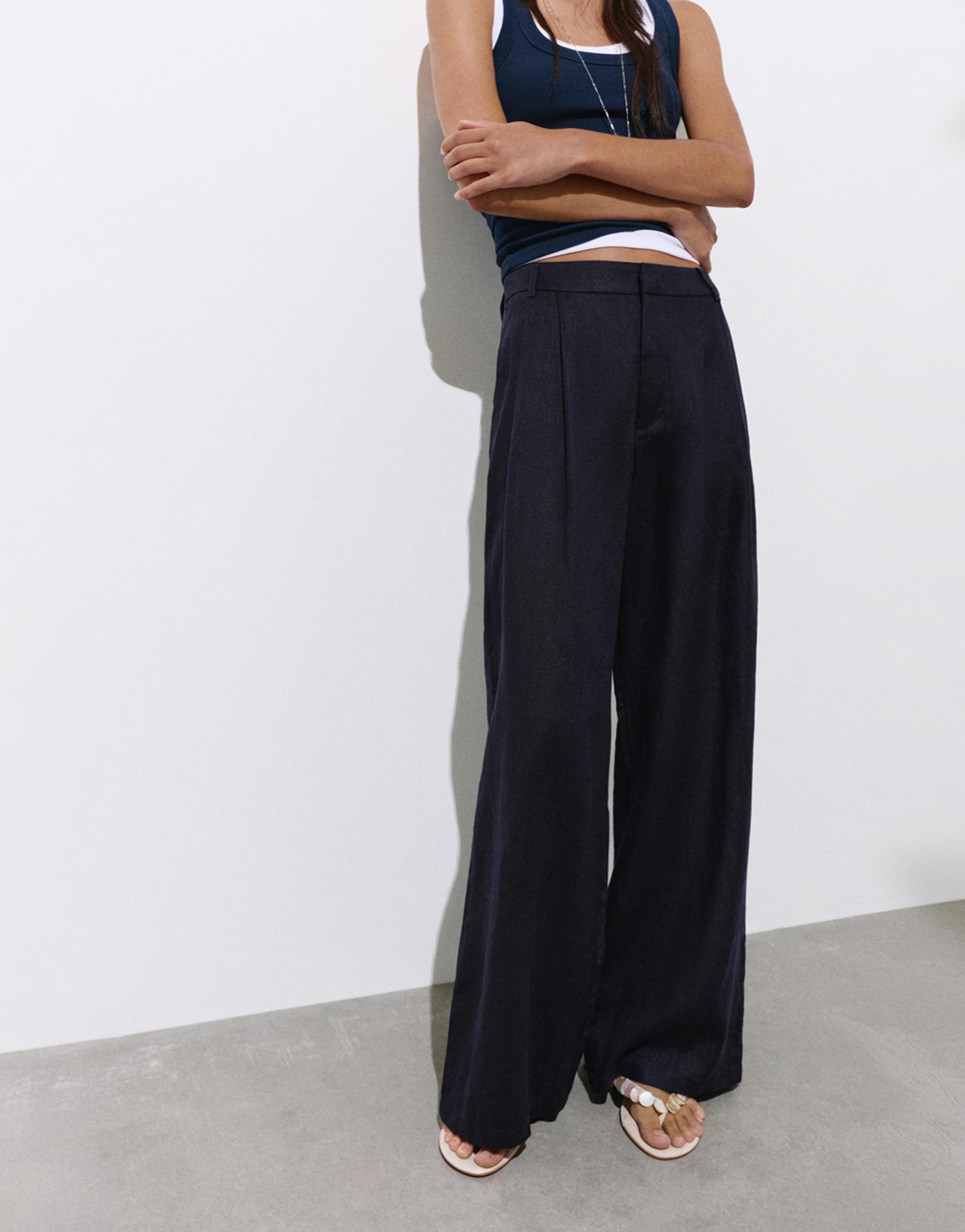 Wide-leg 100% linen trousers — Dark navy