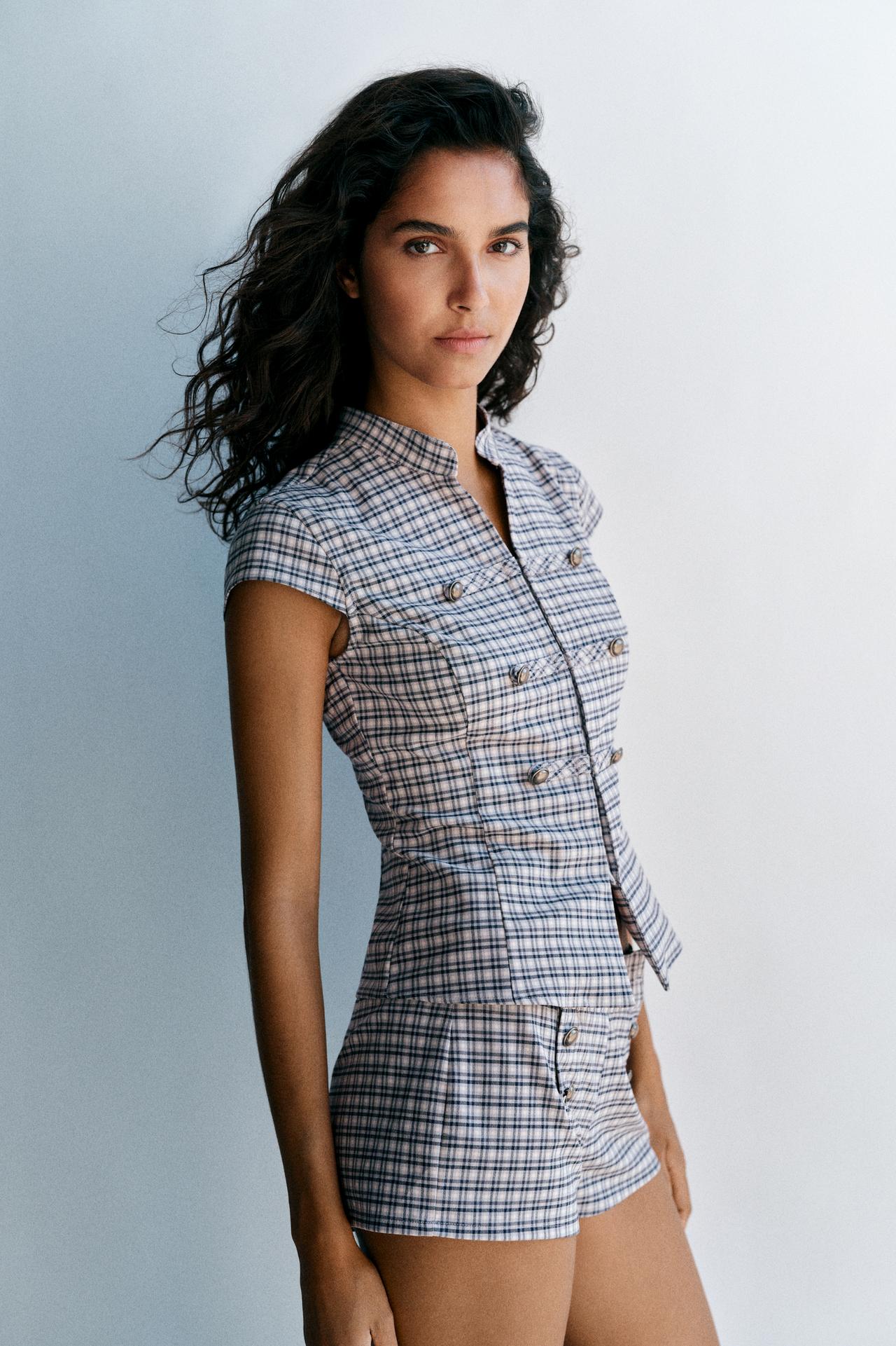 Check shirt with fireman clasps — Ecru/Blue