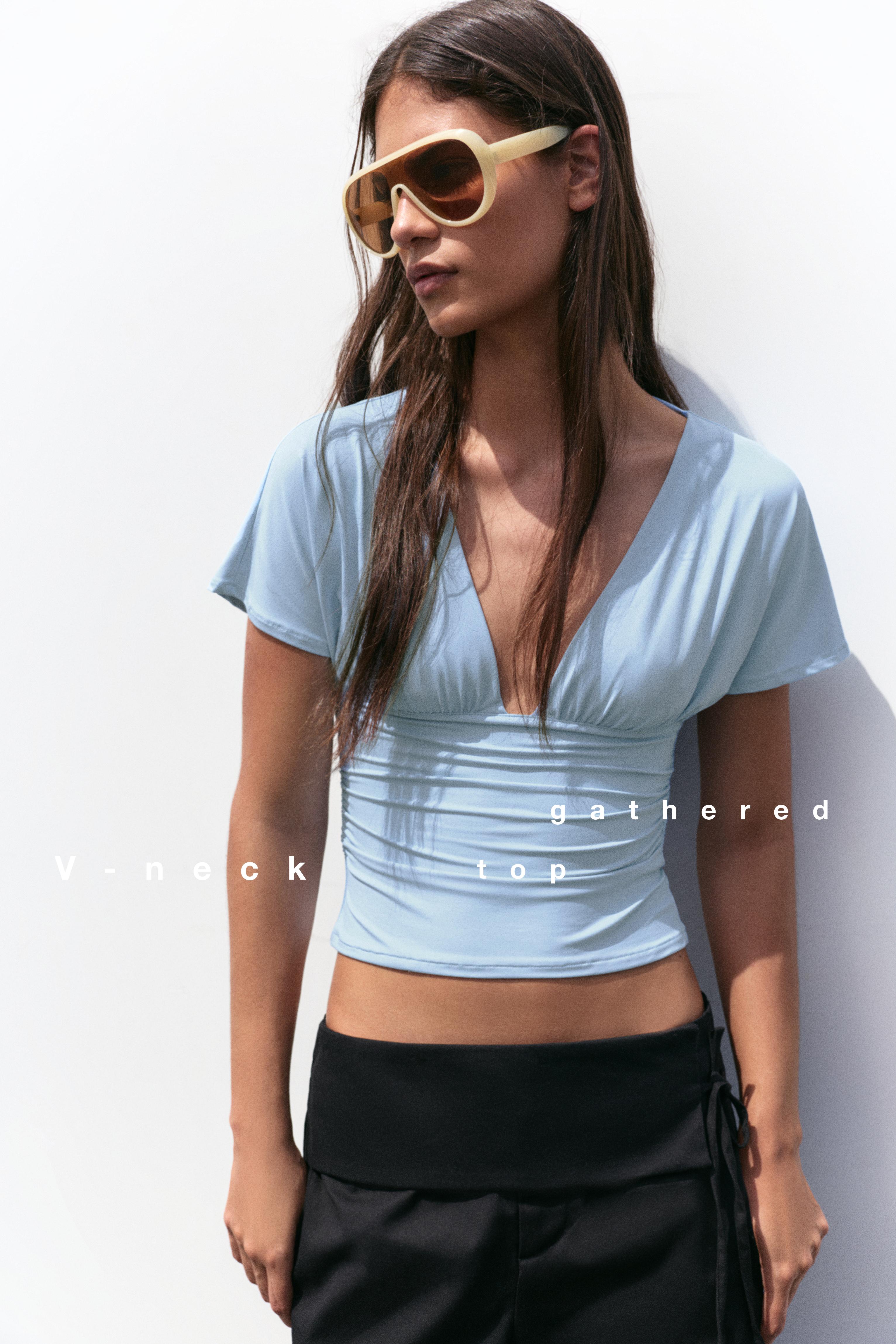 Gathered V-neck top — Pale blue