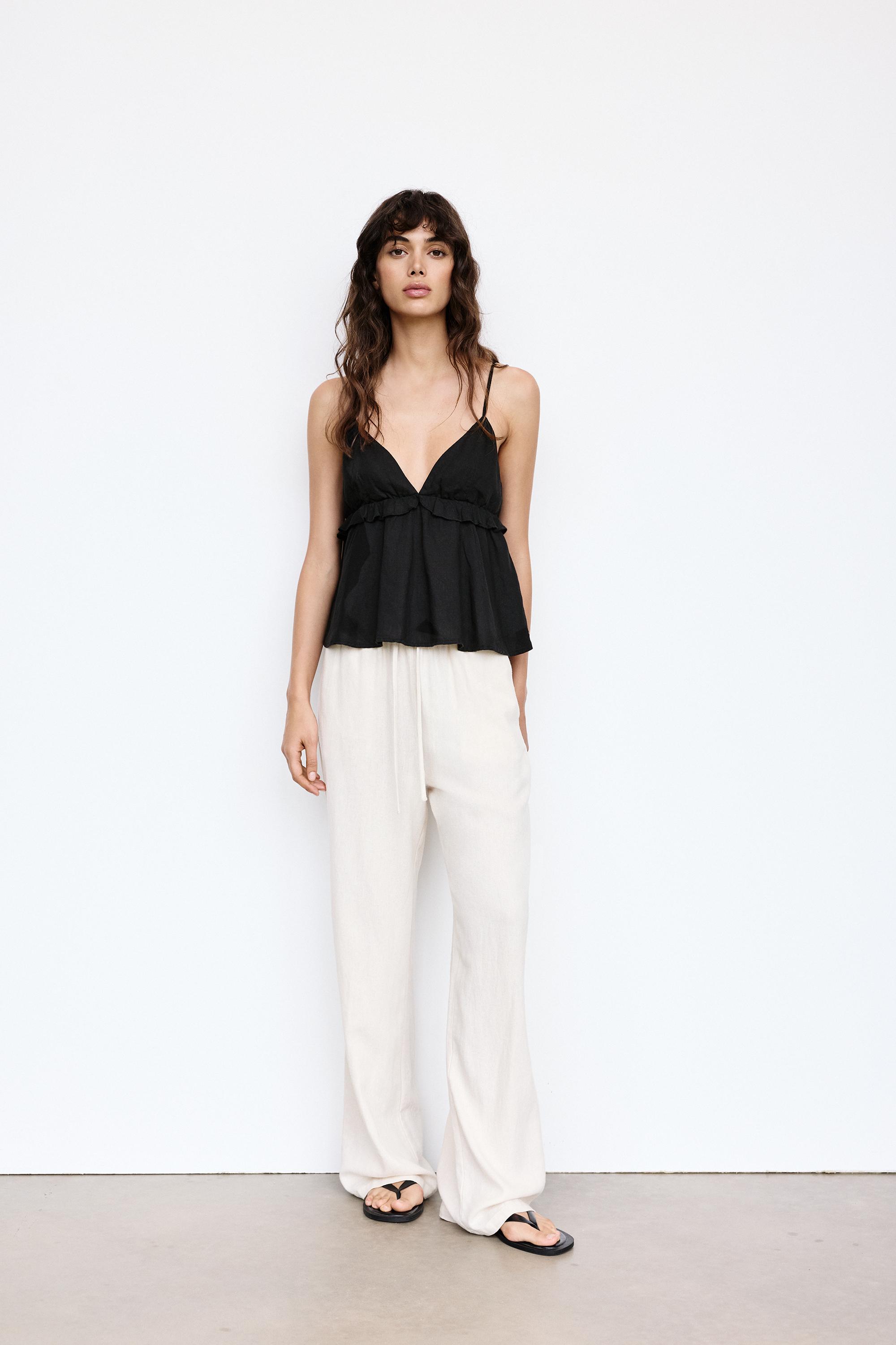 Ruffled linen top — Black