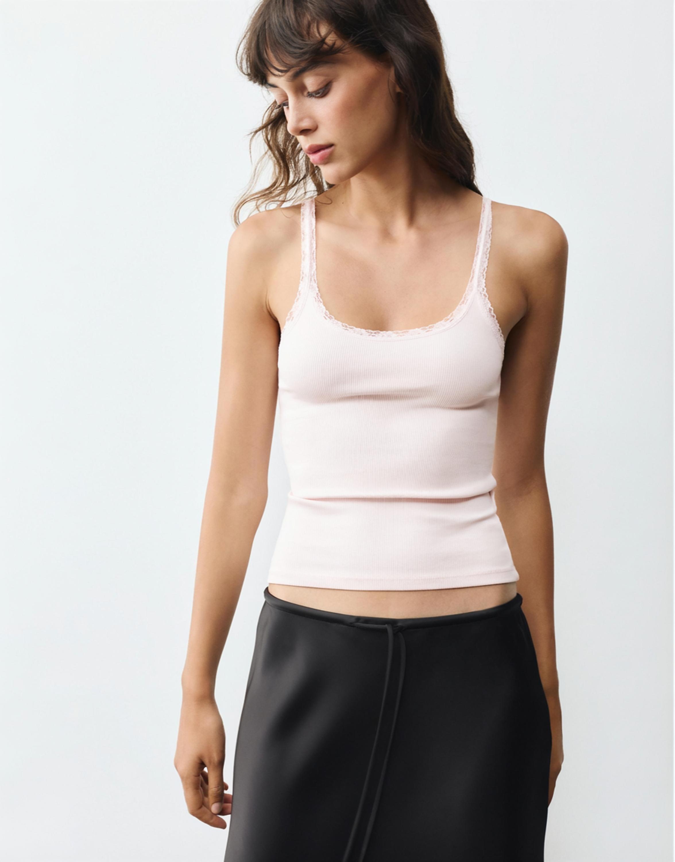 Lace-trim tank top — Pastel pink