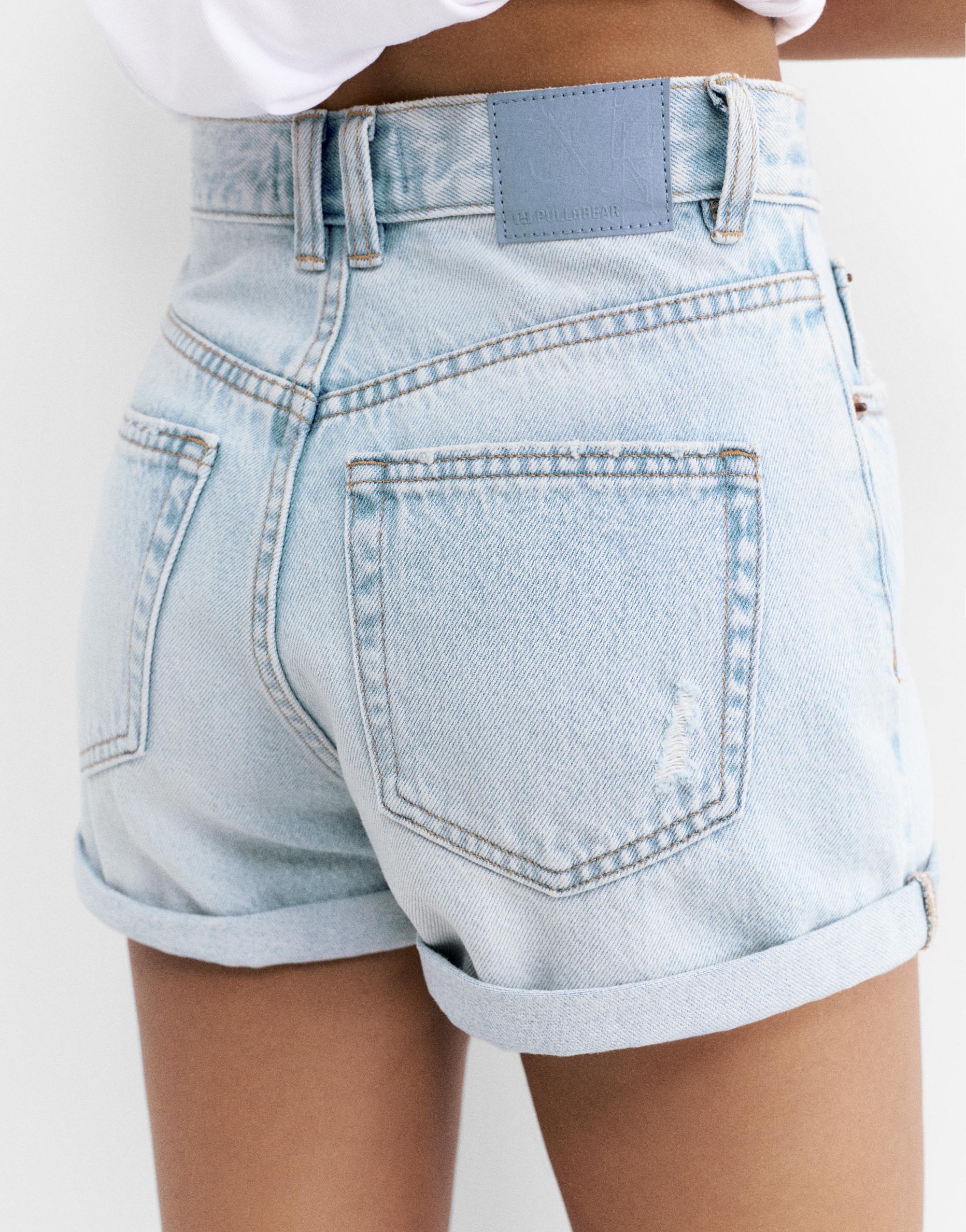Denim turn-up mom shorts — Pale blue
