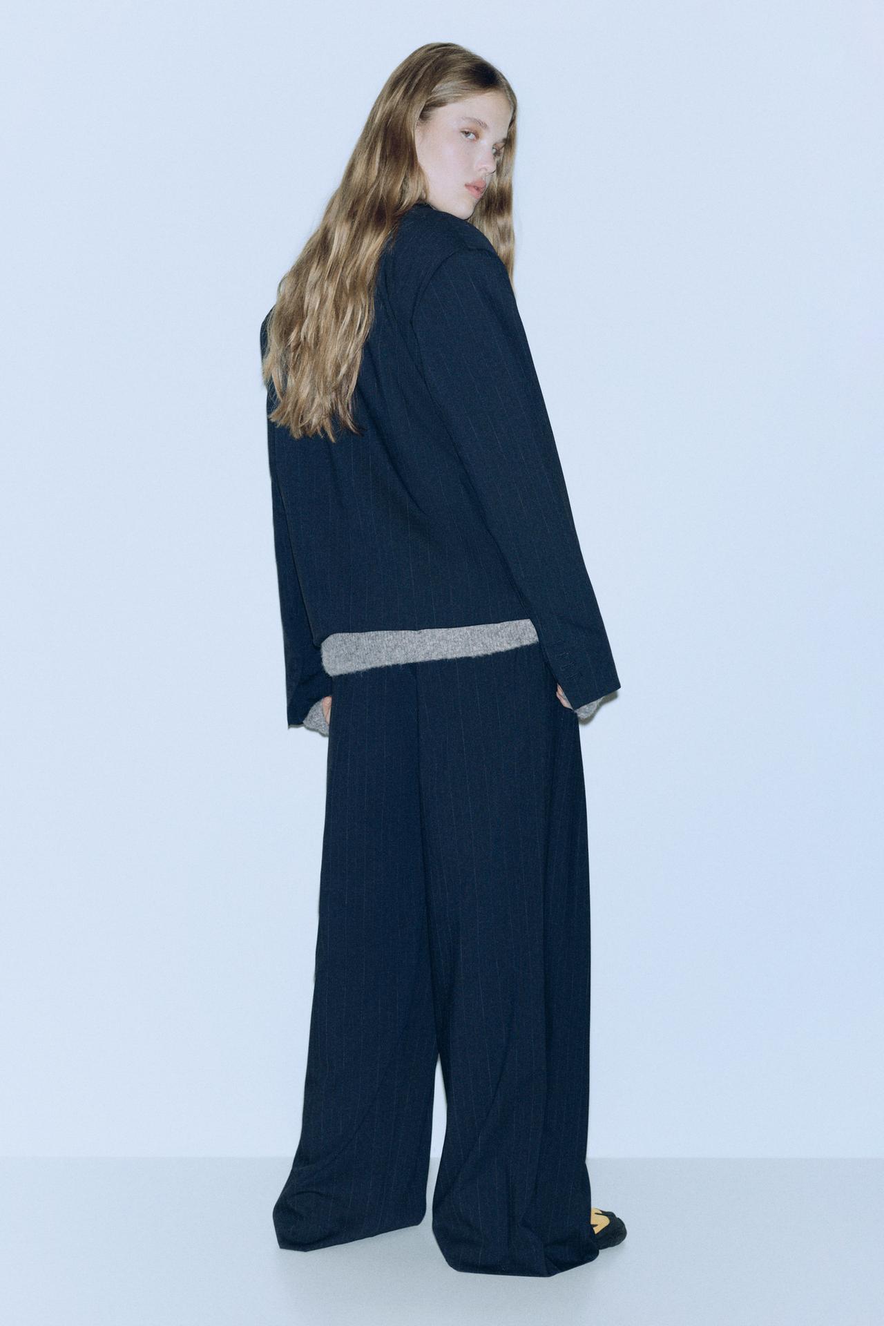 Wide-leg pinstripe trousers — Dark navy