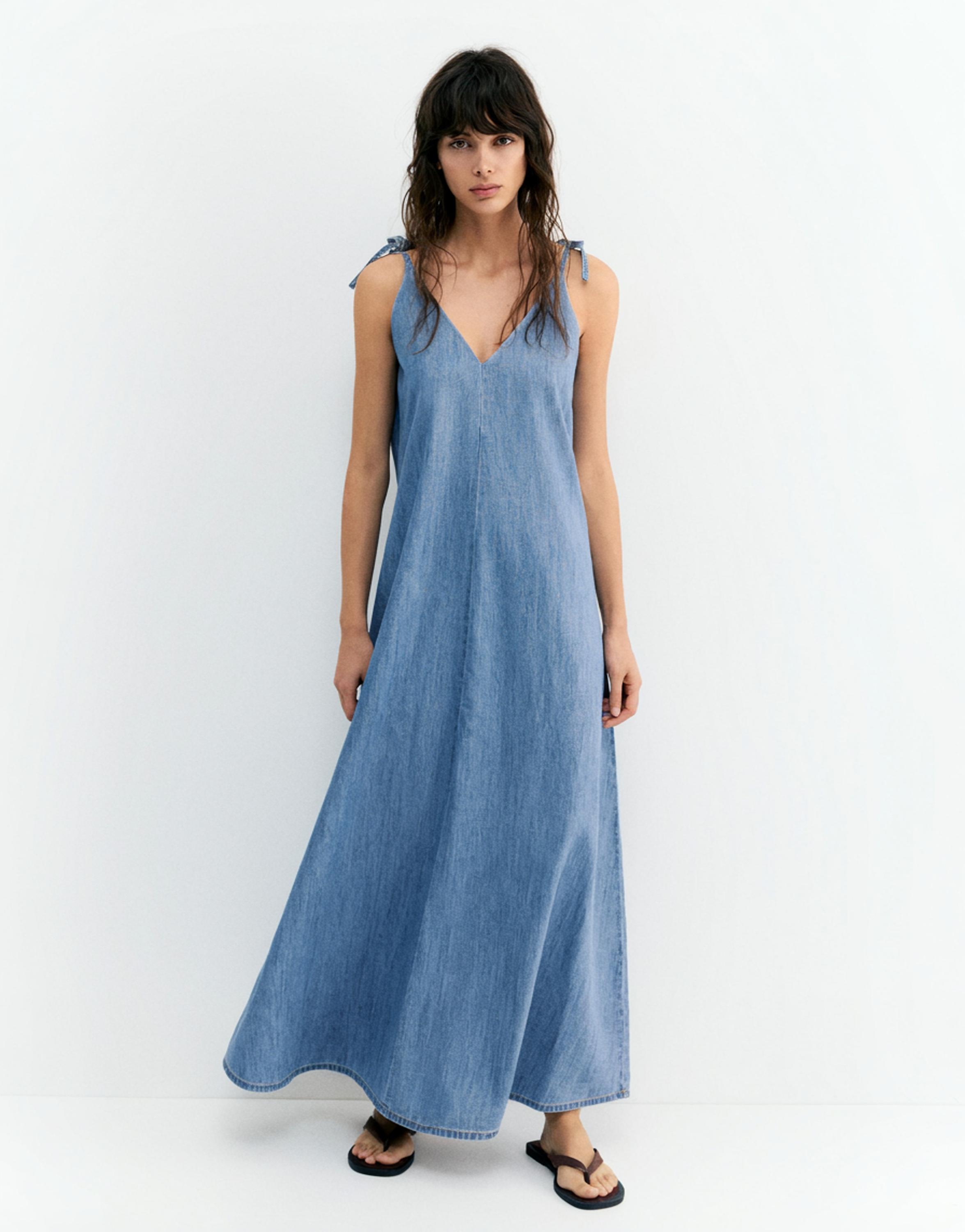 Askılı uzun jean elbise - Görsel 8