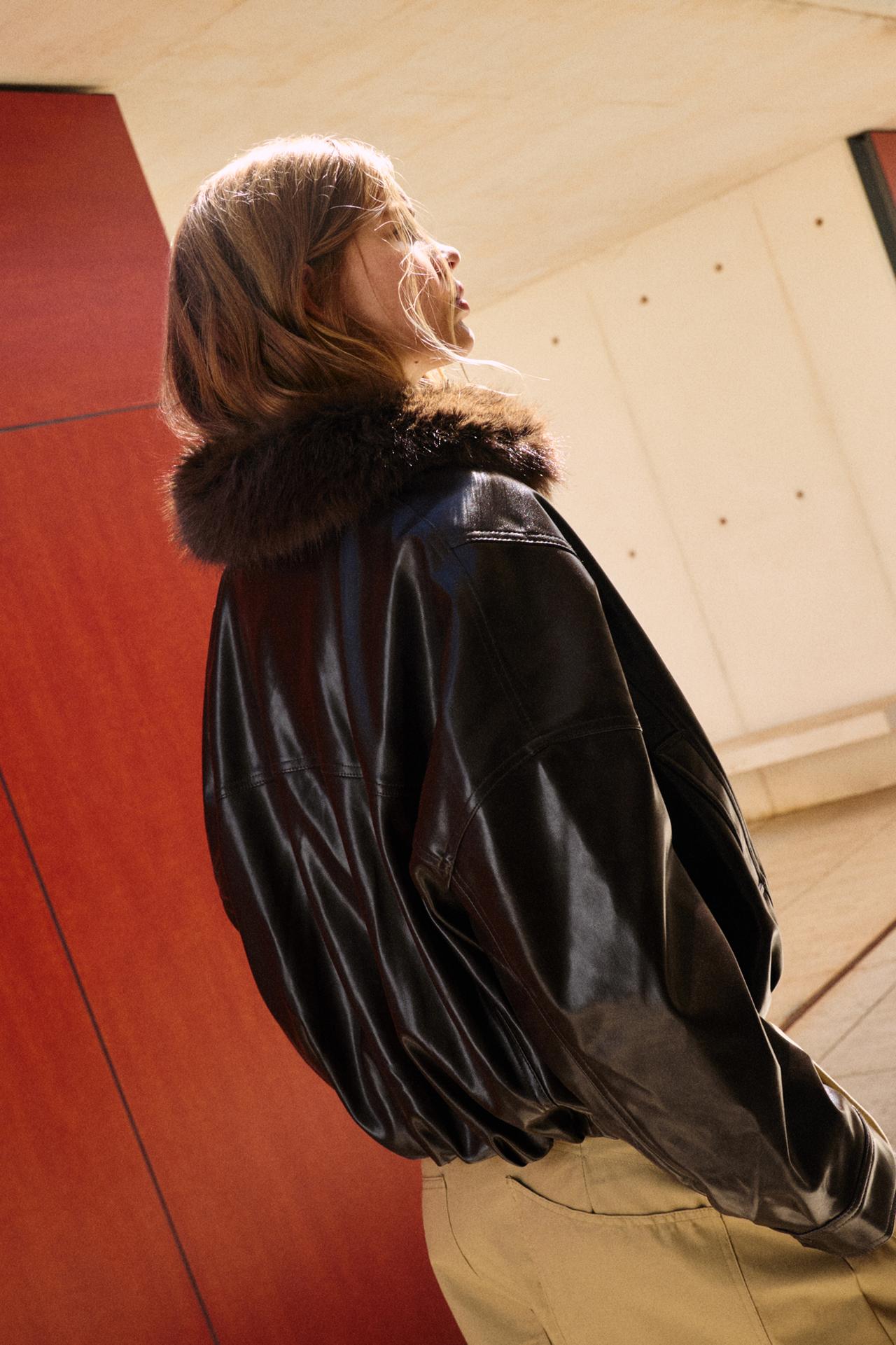 Leather effect jacket with faux fur collar — Brown