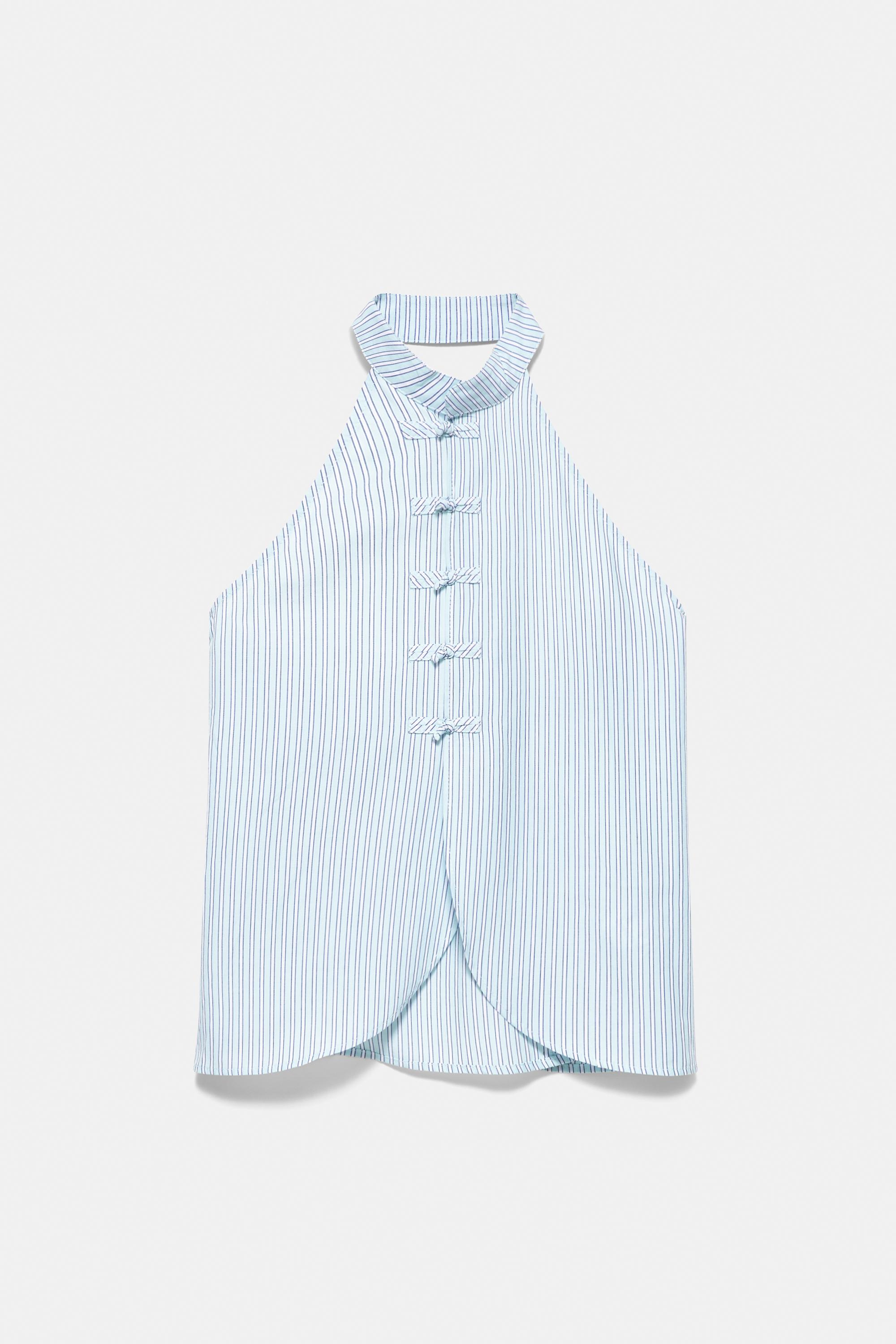 Striped halter toggle top — Water blue