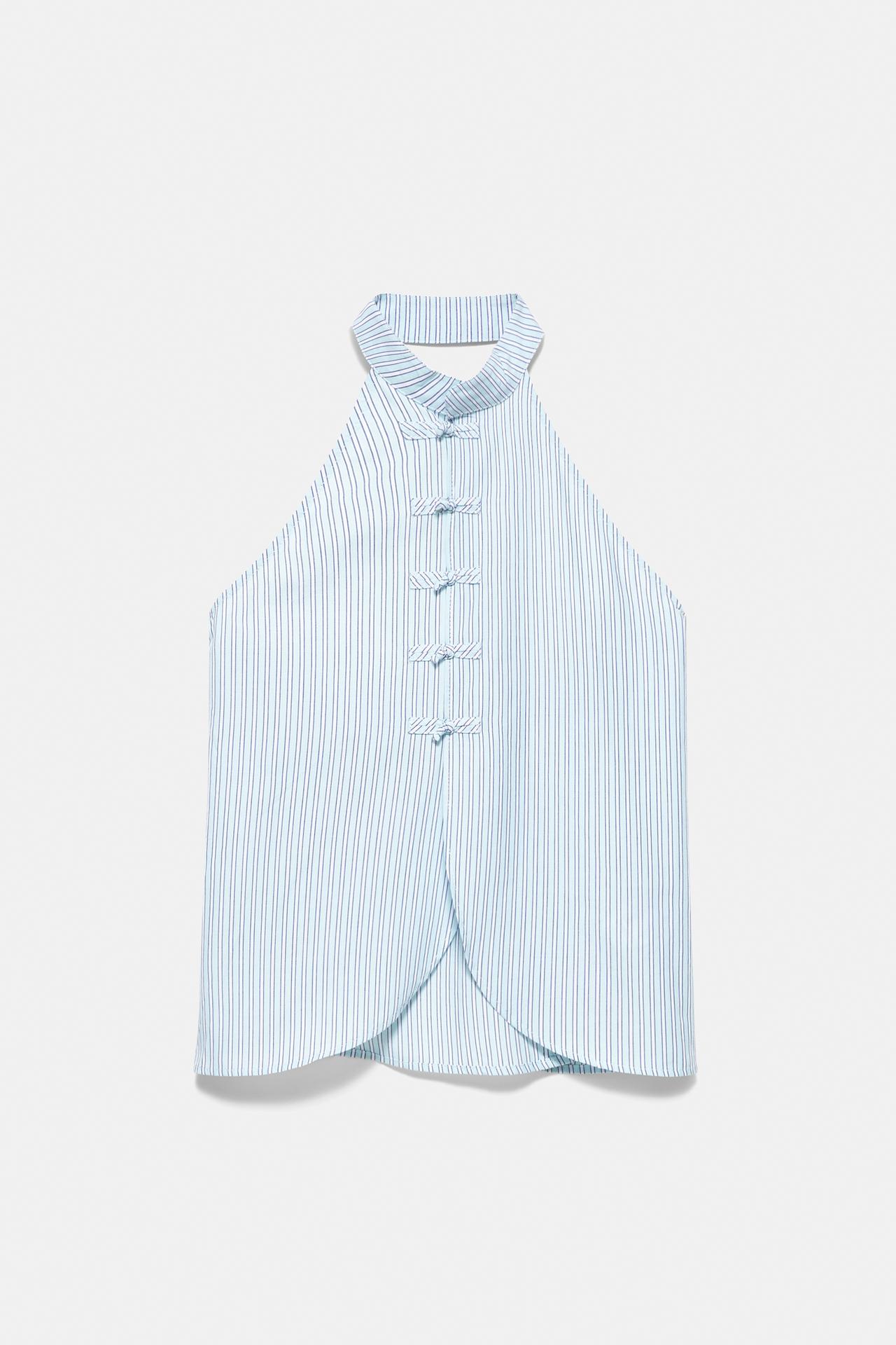 Striped halter frog fastening top — Water blue