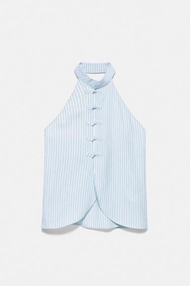 Striped halter frog fastening top — Water blue 7