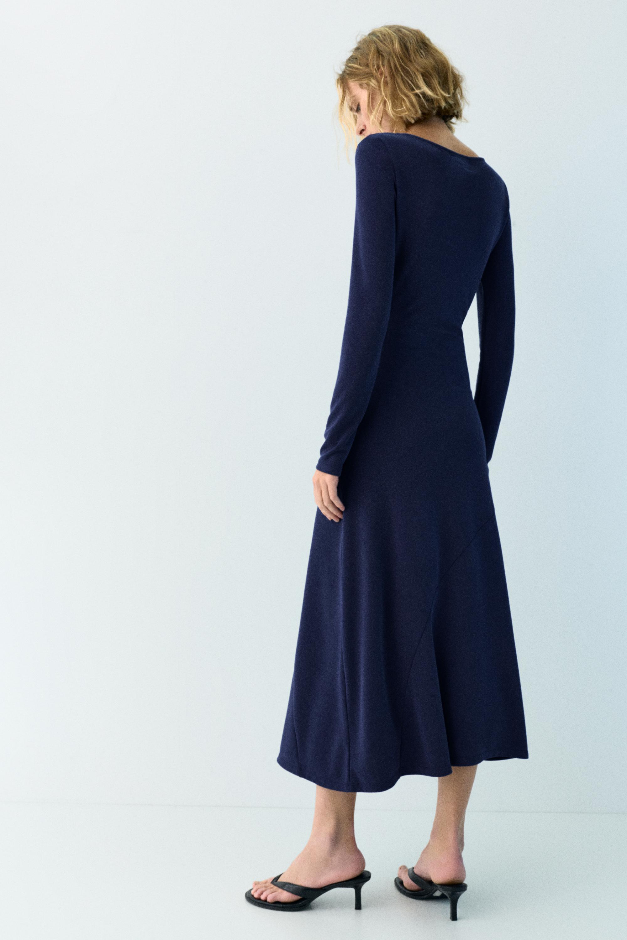 Fluid draped cupro midi dress — Faded navy