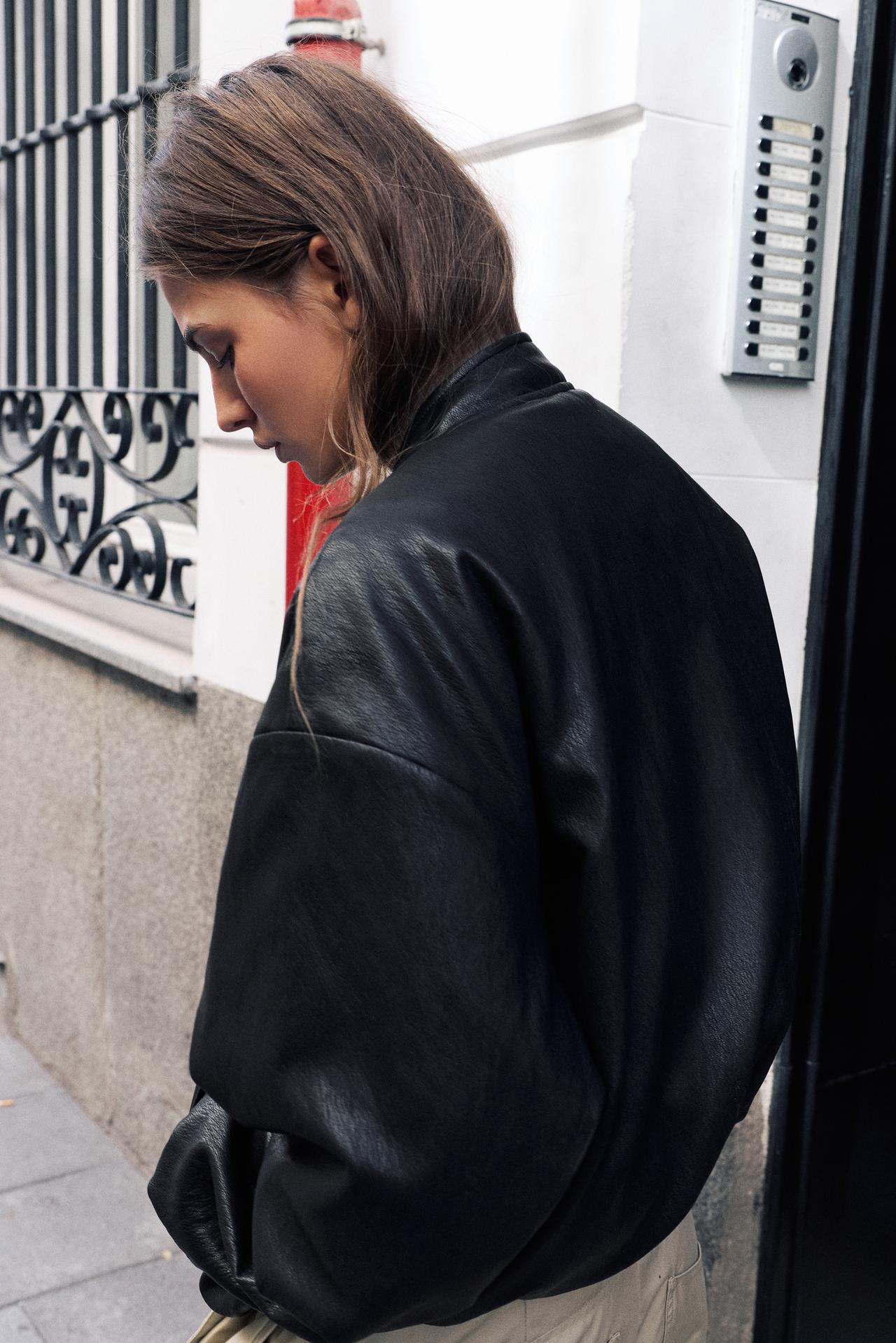 Leather-effect bomber jacket with fireman clasps — Black