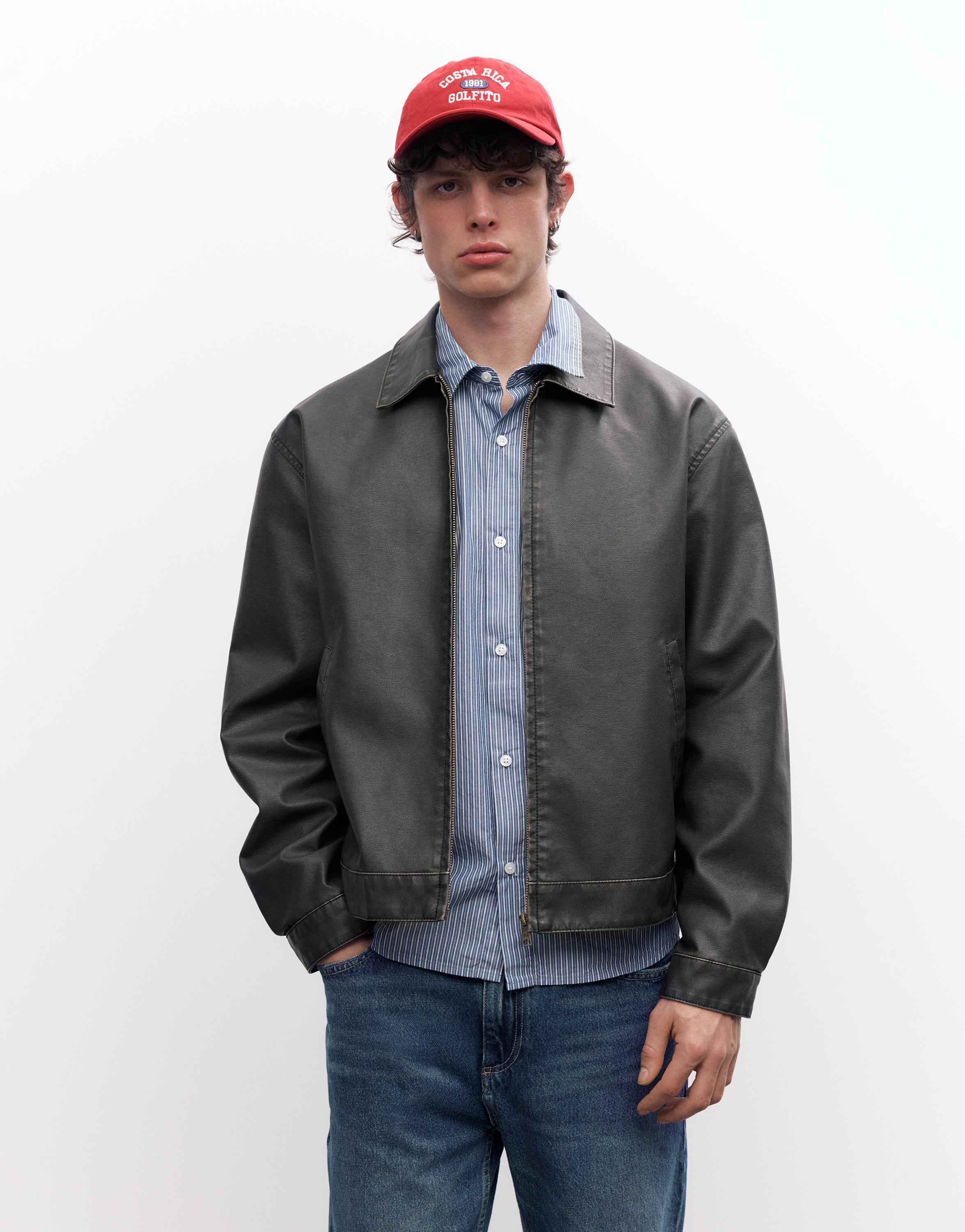 Washed faux leather jacket — Dark grey