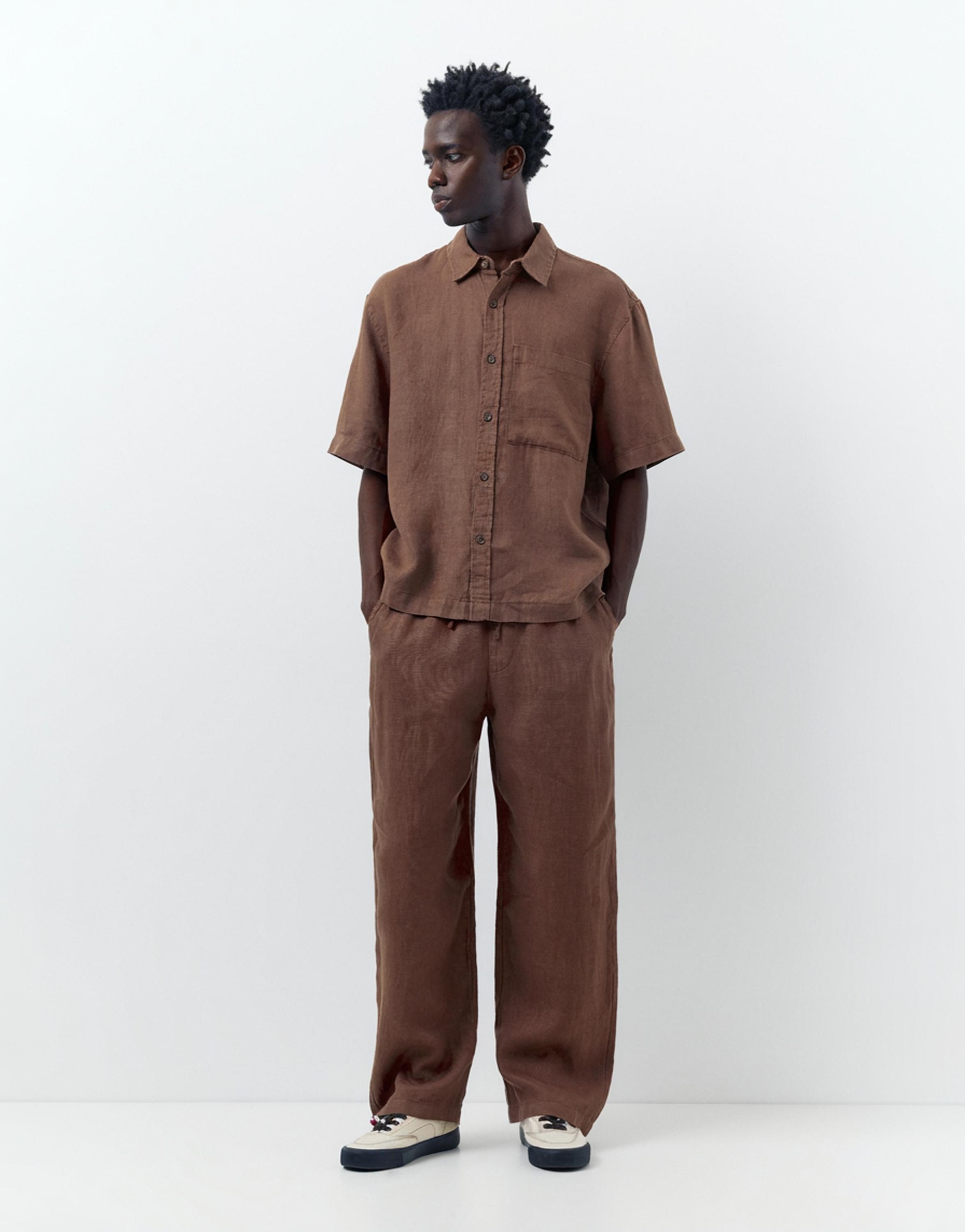100% linen short sleeve shirt — Brown