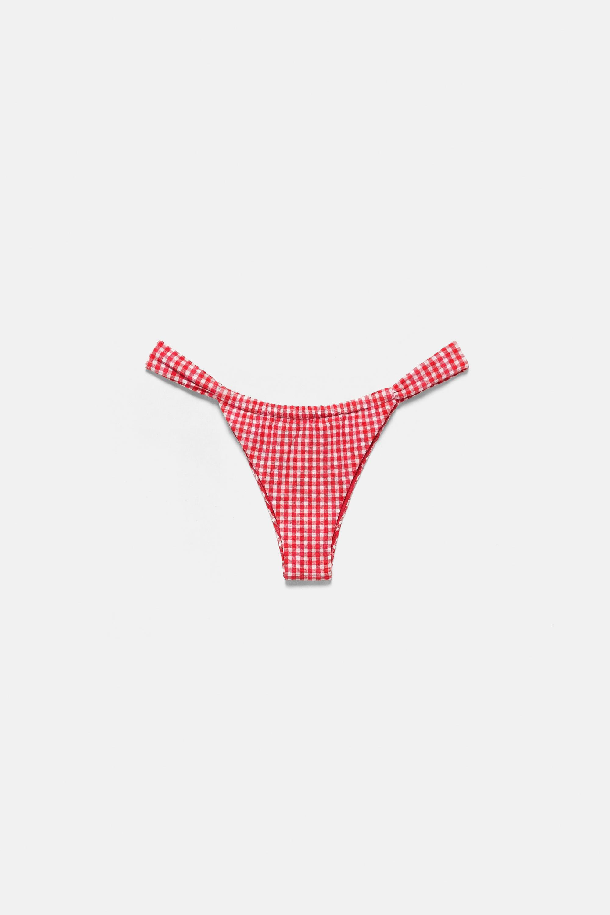 Gingham bikini bottoms with gathering — Red